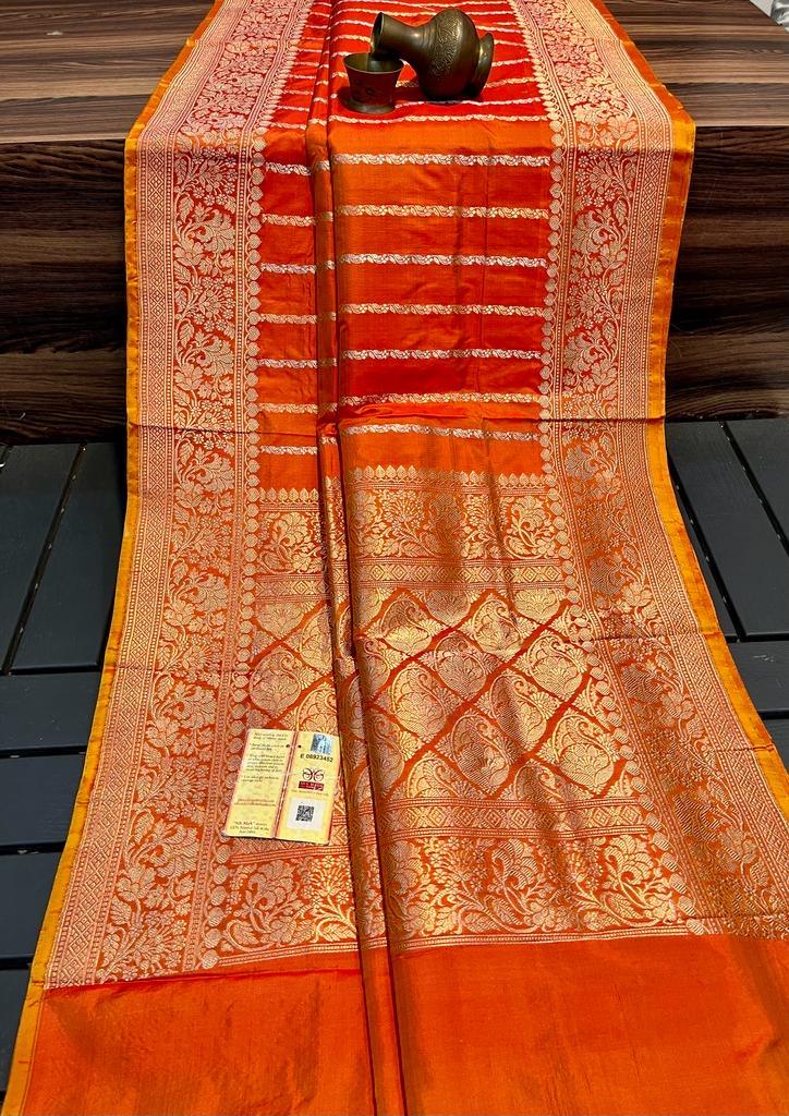 Tangerine Banarasi Pure Katan Silk Kadwa Saree