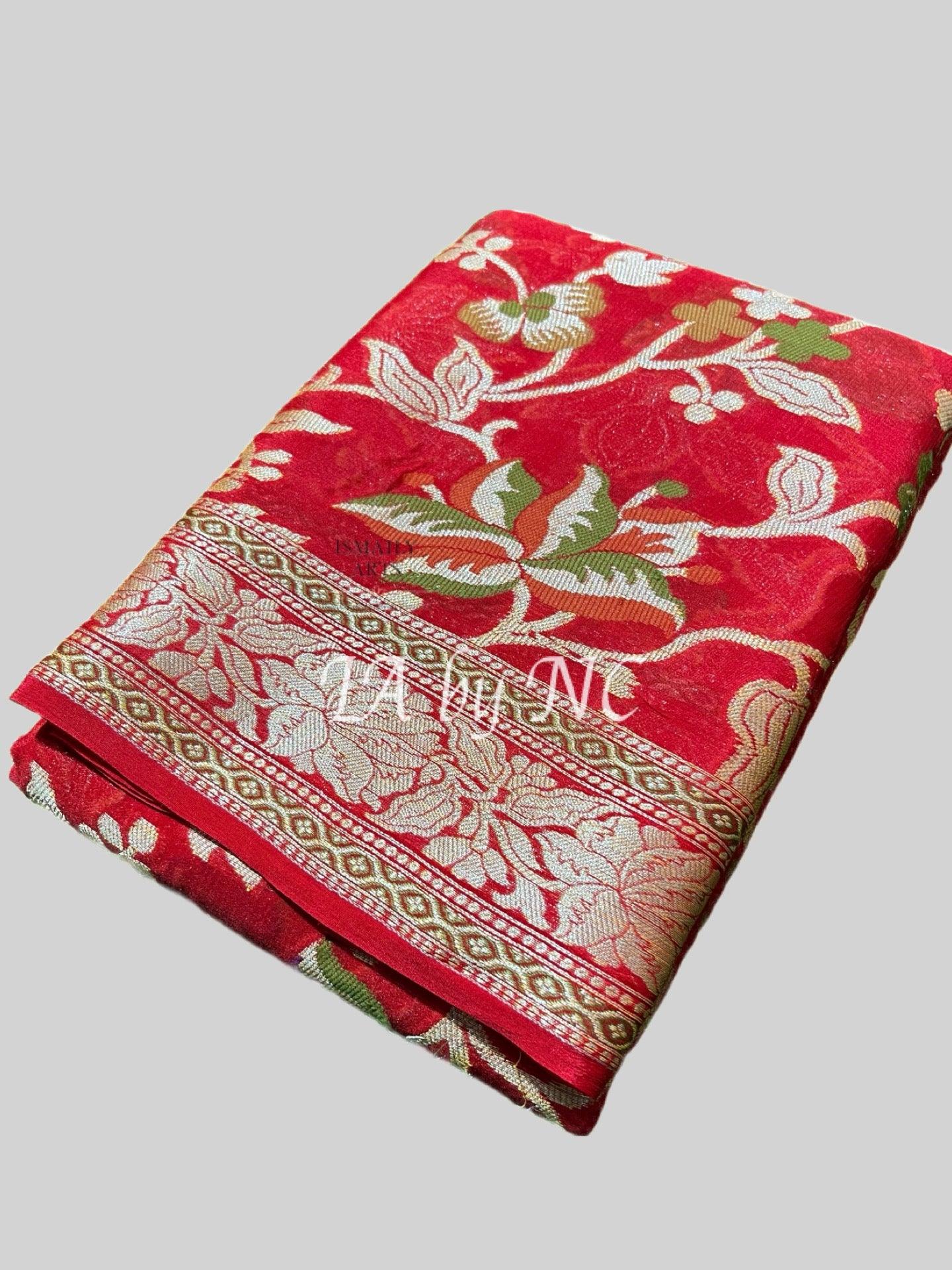 Crimson Banarasi Pure Chiffon Georgette Sare