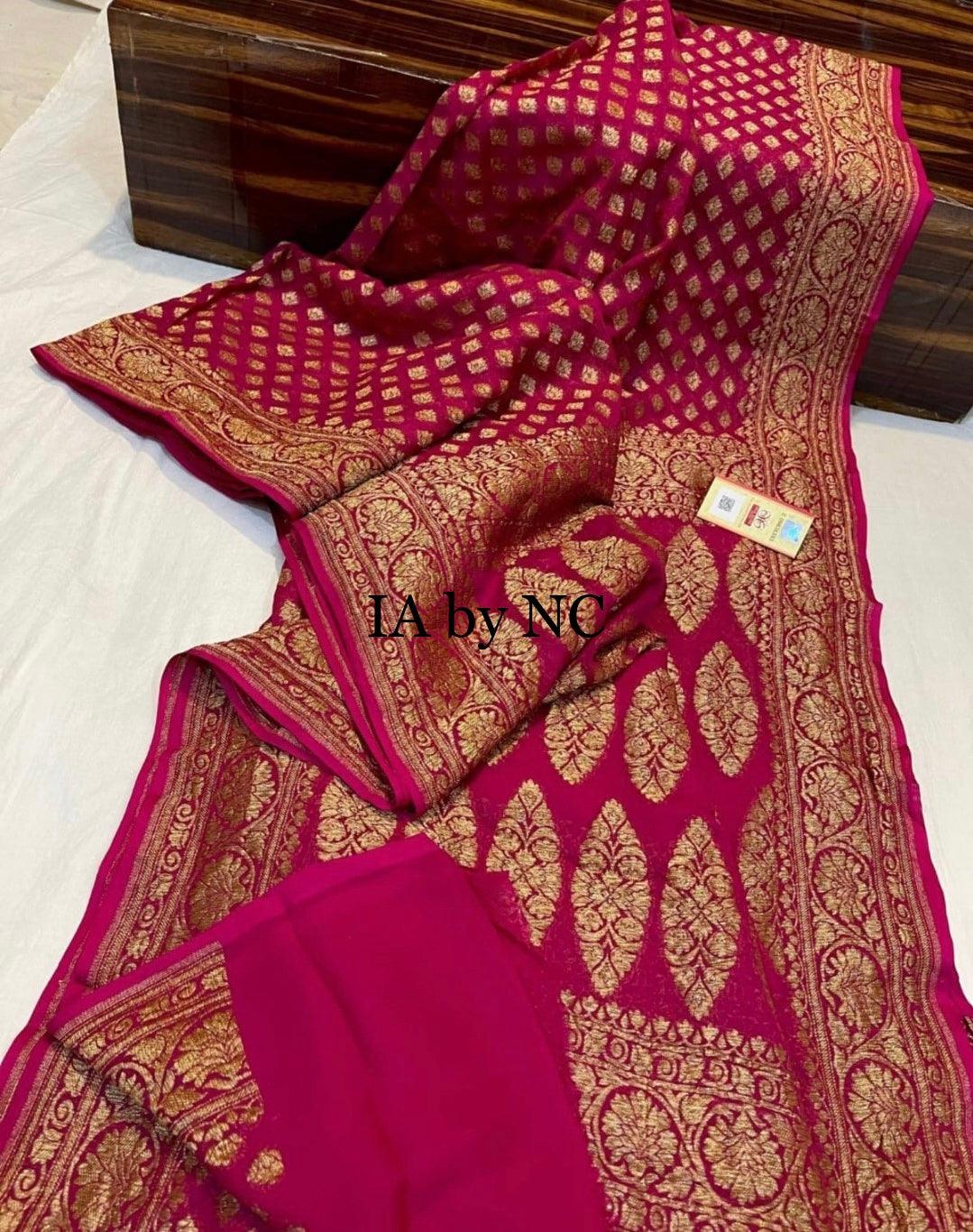 Cerise Banarasi Pure Khaddi Georgette Saree