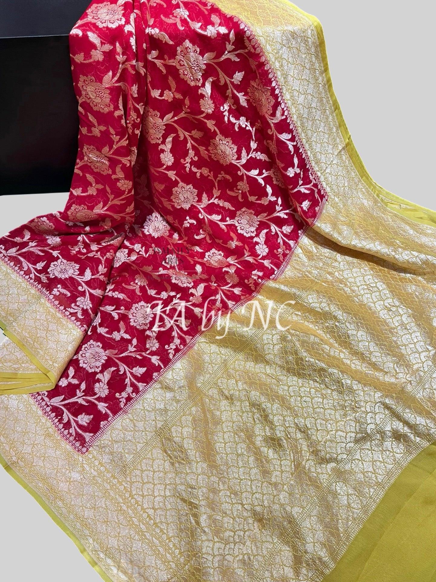 Carmine Banarasi Pure Khaddi Georgette Saree