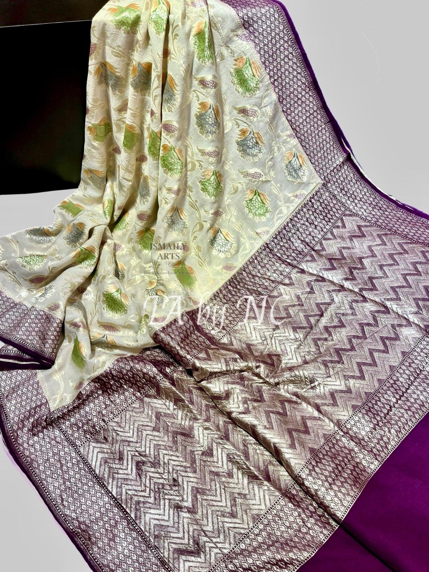 Off-white Banarasi Pure Munga Silk Saree