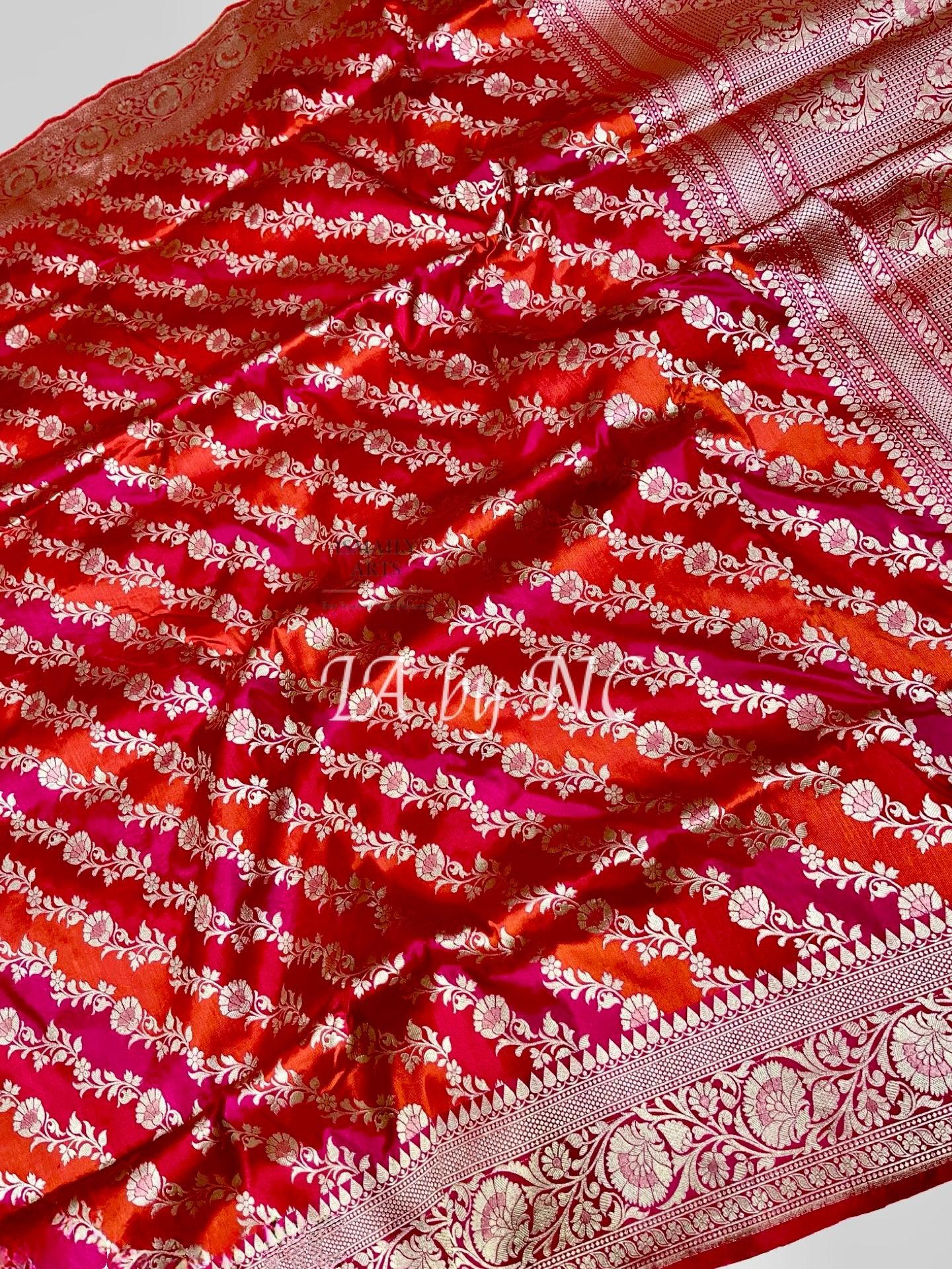 Crimson Banarasi Pure Katan Silk Rangkaat Jangla Pattu Saree