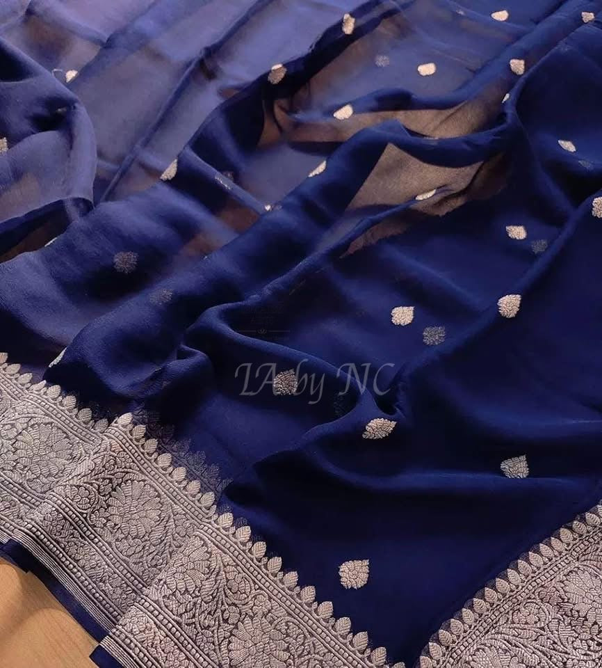 Denim Banarasi Pure Khaddi Georgette Kadwa Saree