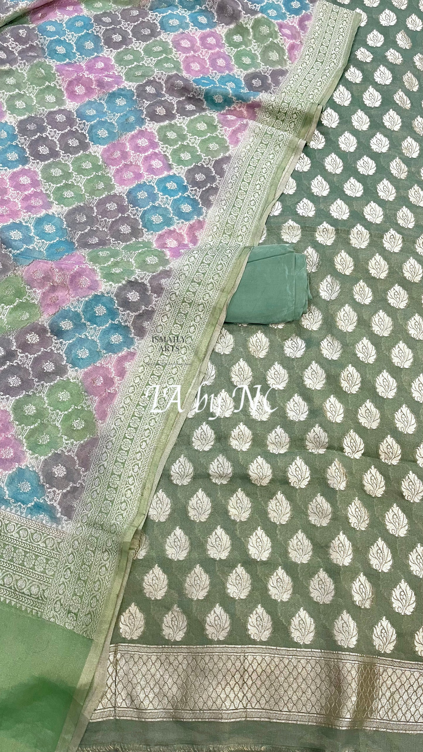 Mint Banarasi Pure Khaddi Tissue Georgette Dress Materials