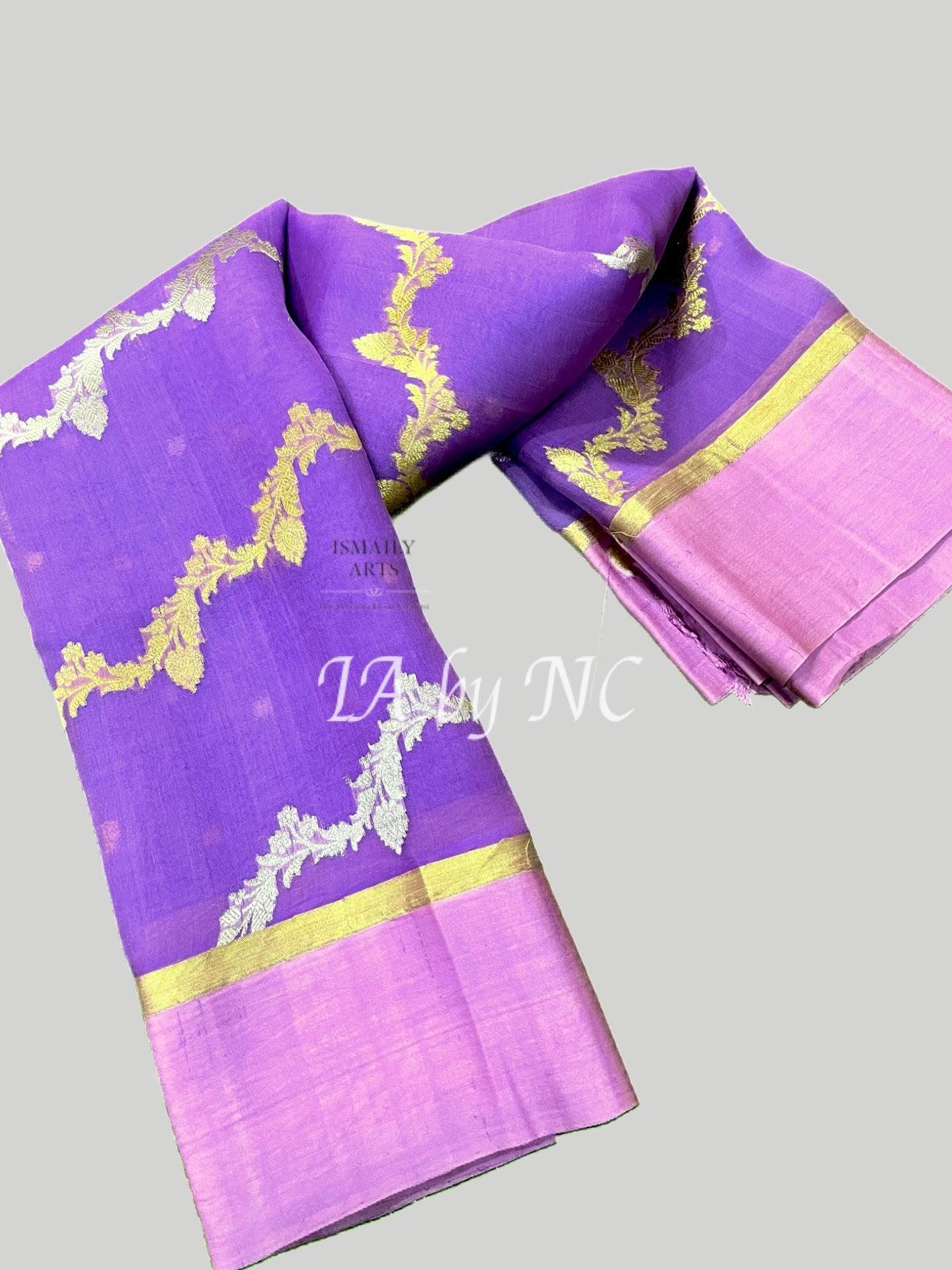 Grape Banarasi Pure Kora Organza Kadwa Saree