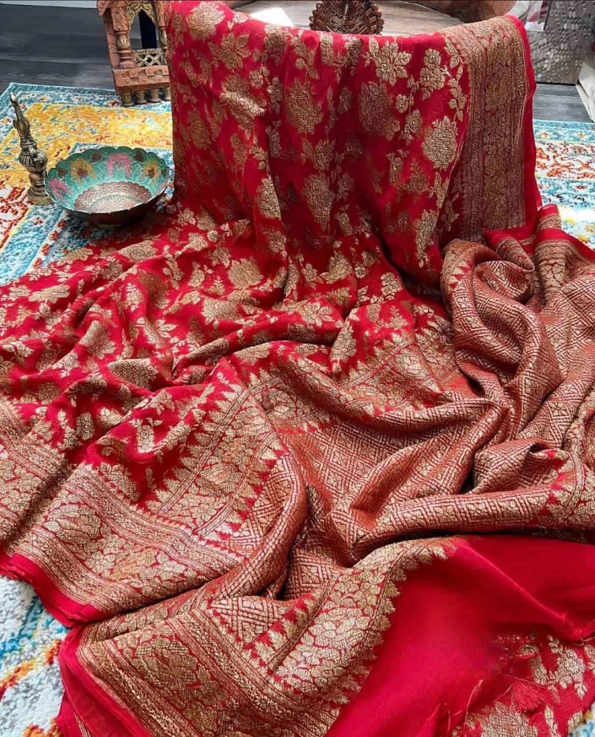 Crimson Banarasi Pure Khaddi Georgette Saree