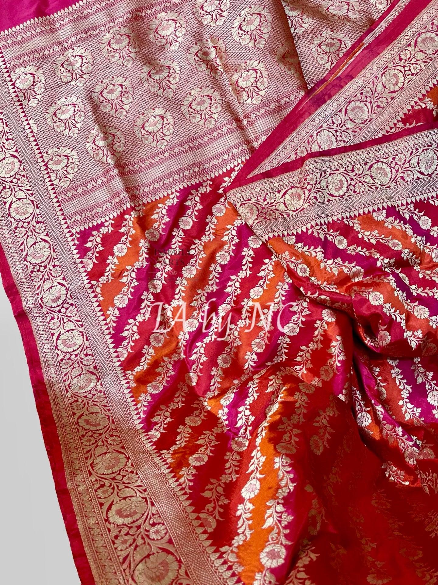 Crimson Banarasi Pure Katan Silk Rangkaat Jangla Pattu Saree