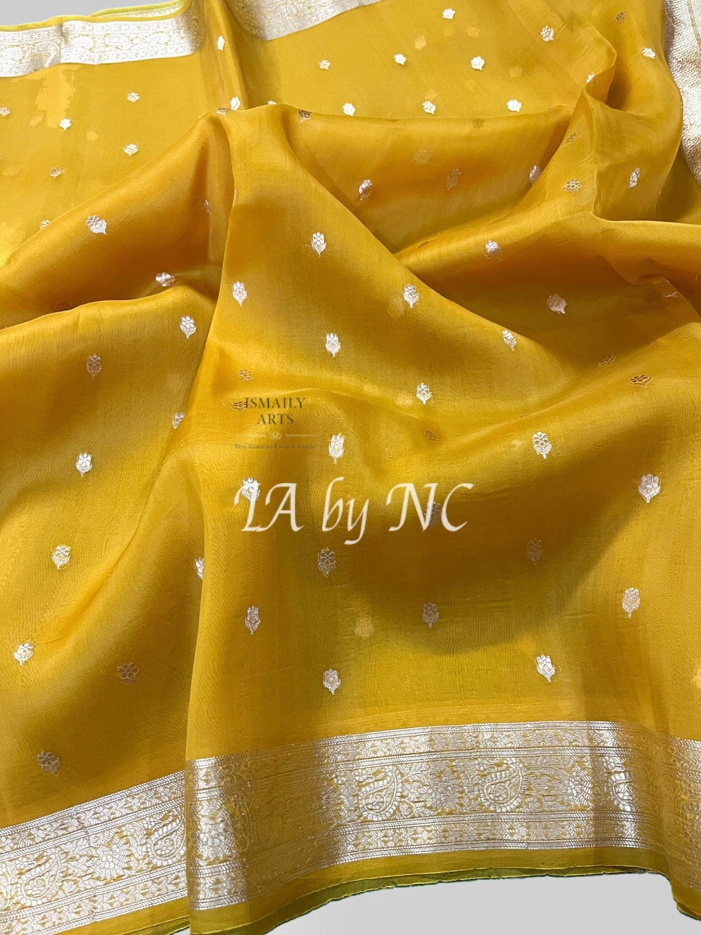 Gold Banarasi Pure Kora Organza Kadwa Saree