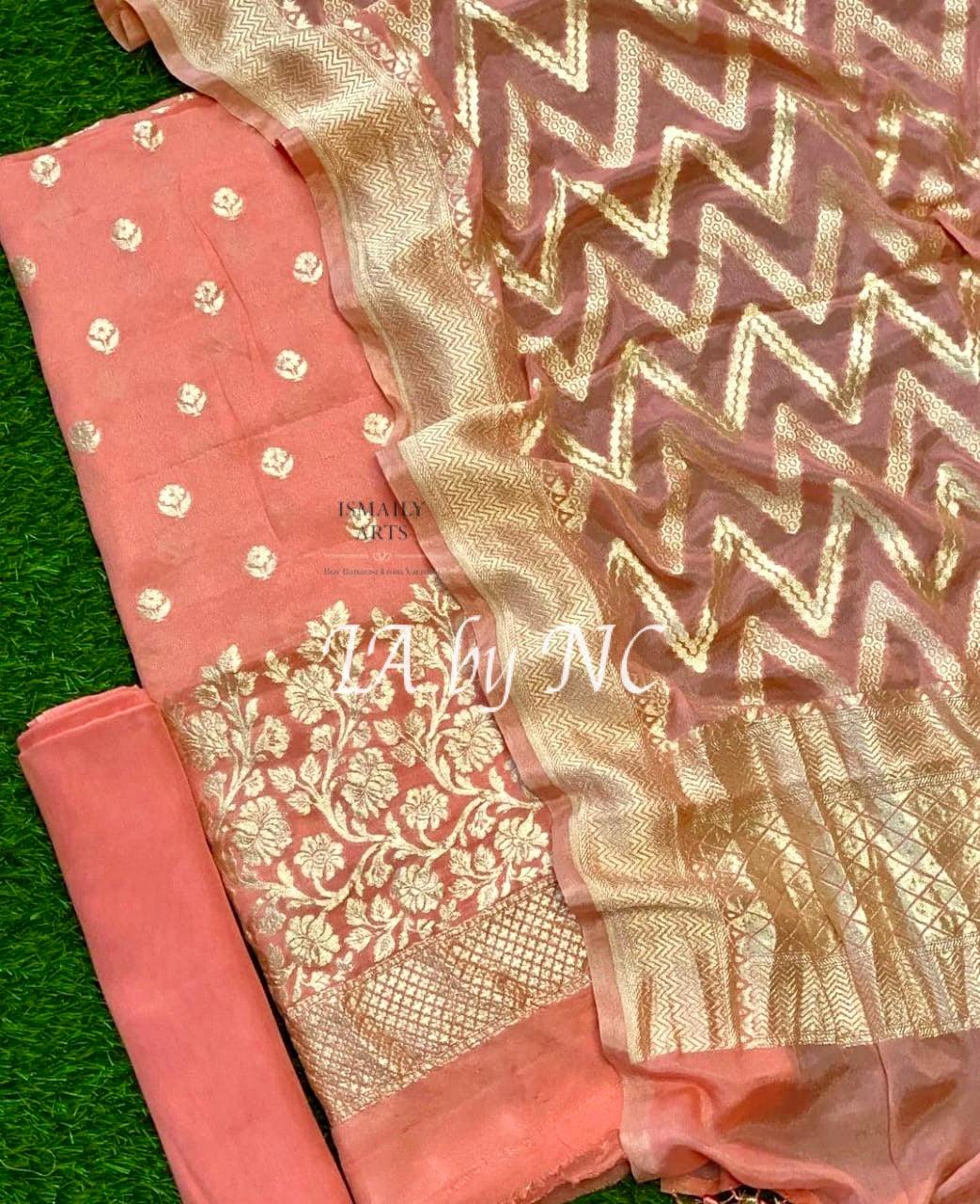 Salmon Banarasi Pure Khaddi Georgette Dress Materials
