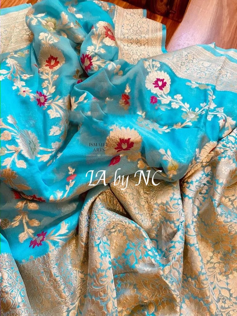 Azure Banarasi Pure Khaddi Georgette Meenakari Saree