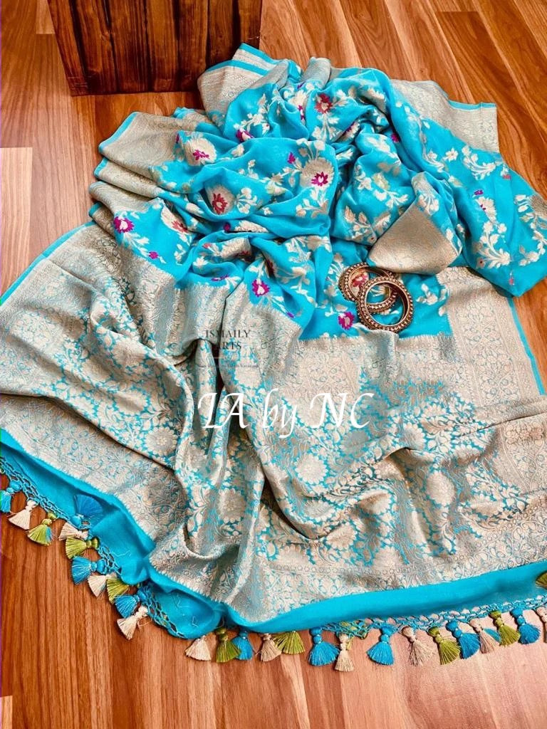 Azure Banarasi Pure Khaddi Georgette Meenakari Saree