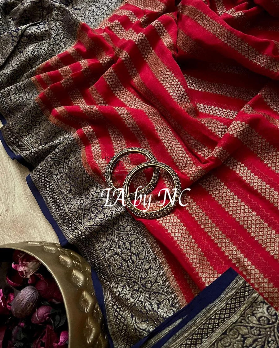 Carmine Banarasi Pure Khaddi Georgette Saree