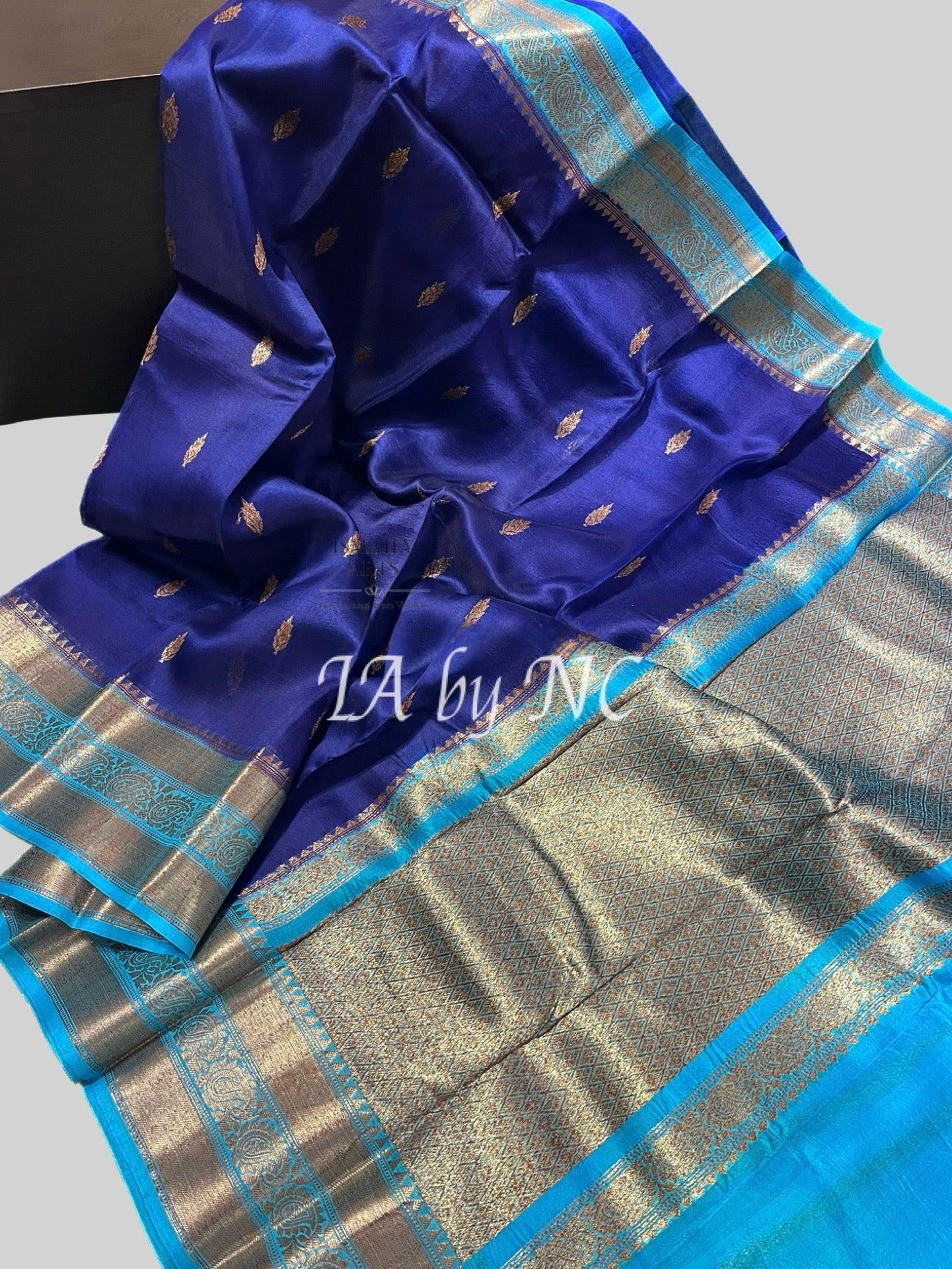 Navy Banarasi Pure Kora Organza Kadwa Saree