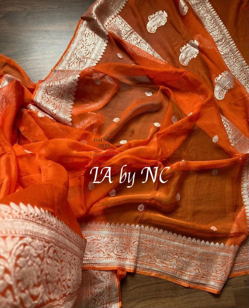 Orange Banarasi Pure Khaddi Georgette Kadwa Saree