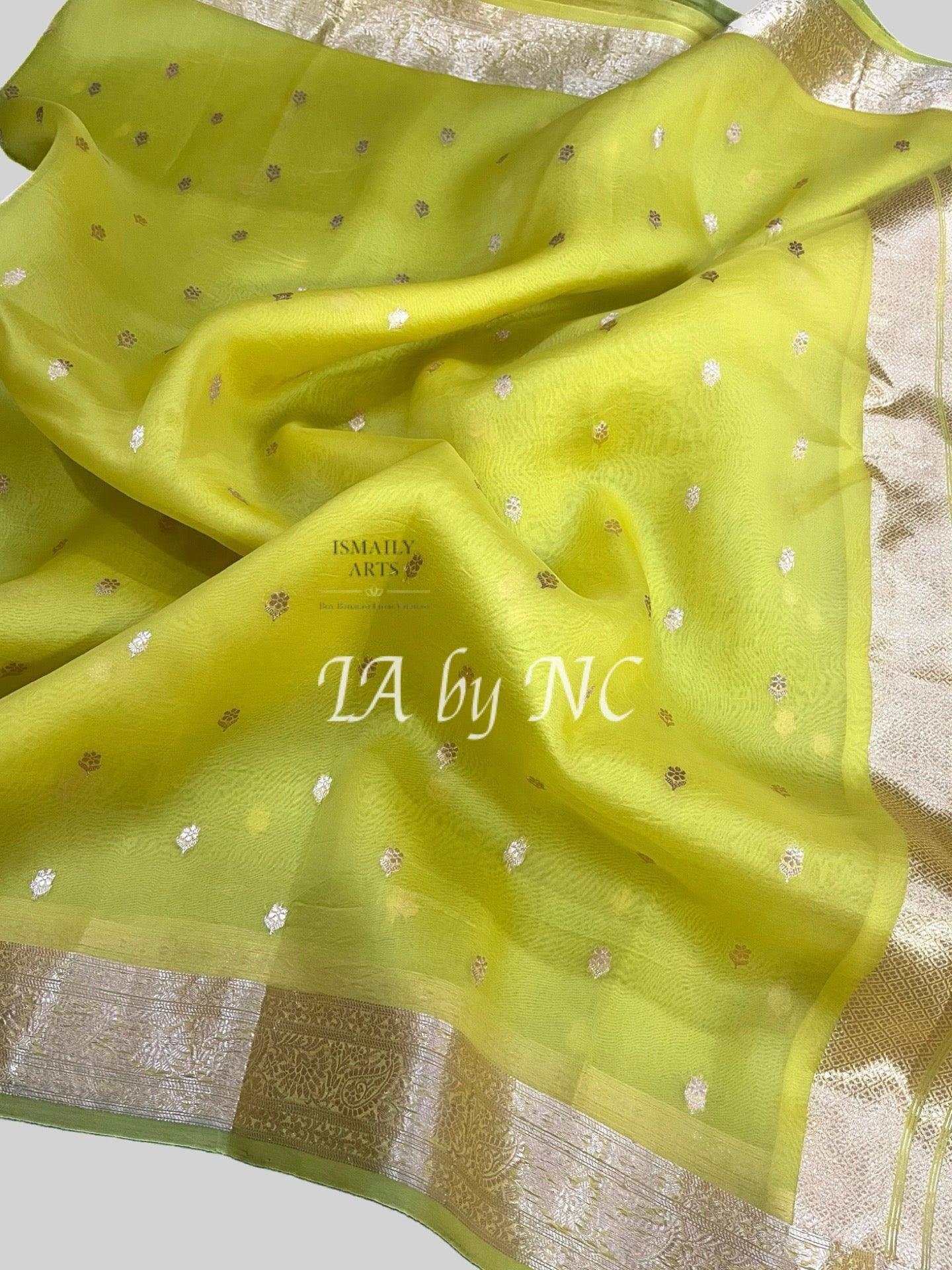 Lemon Banarasi Pure Kora Organza Kadwa Saree