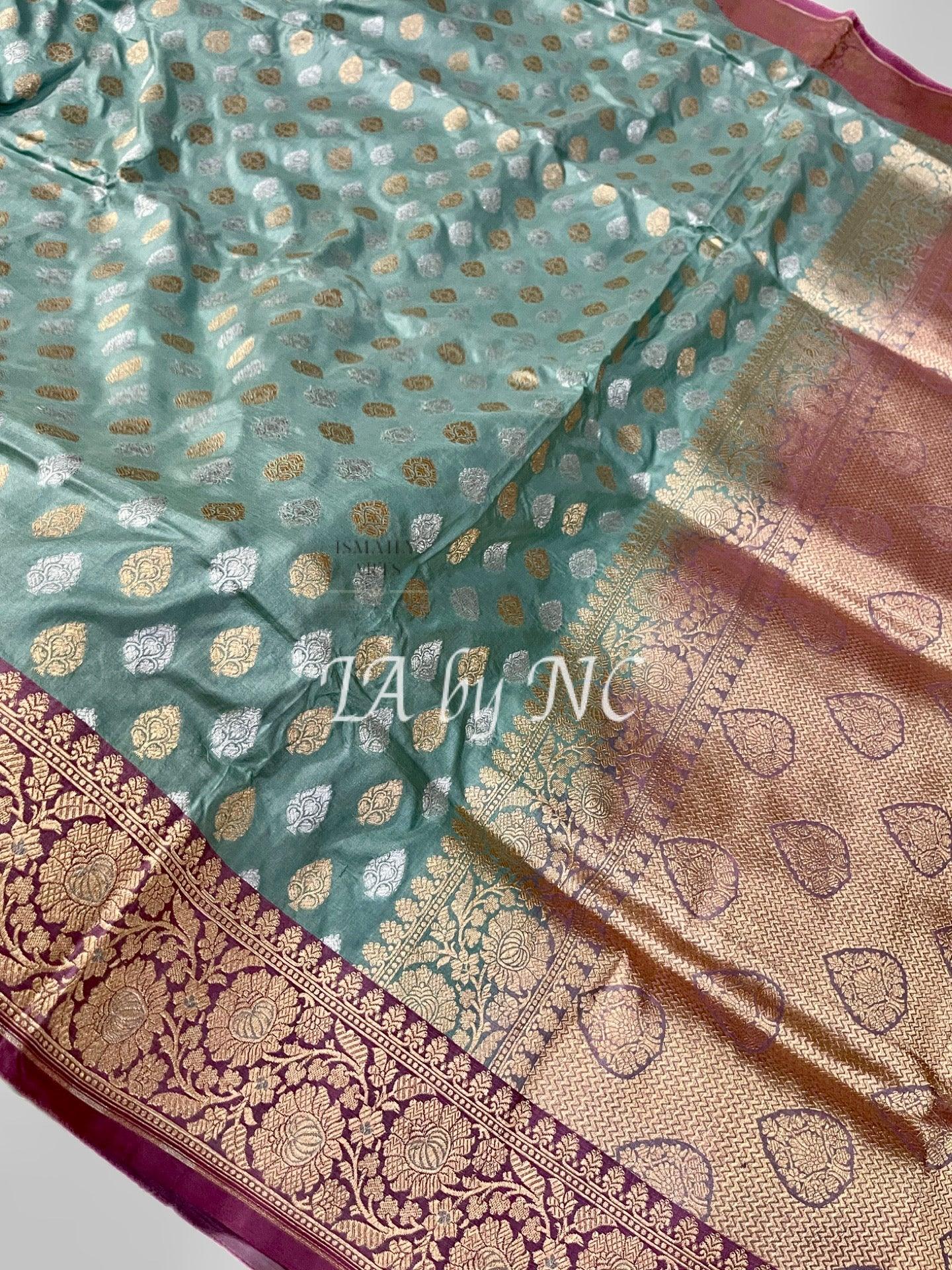 Caribbean Banarasi Pure Katan Silk Meenakari Pattu Saree