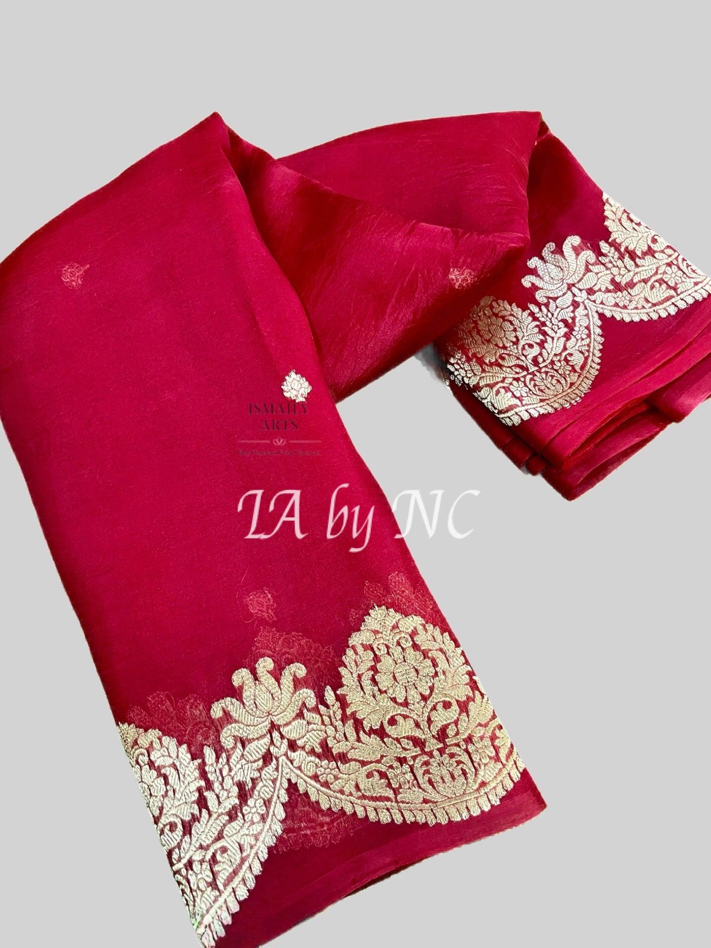 Carmine Banarasi Pure Kora Organza Kadwa Saree