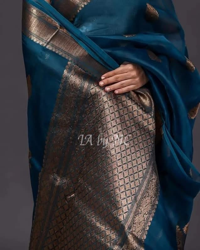 Teal Banarasi Pure Kora Silk Kadwa Saree