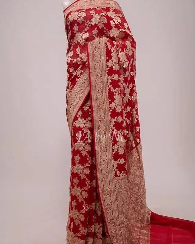 Crimson Banarasi Pure Khaddi Georgette Saree