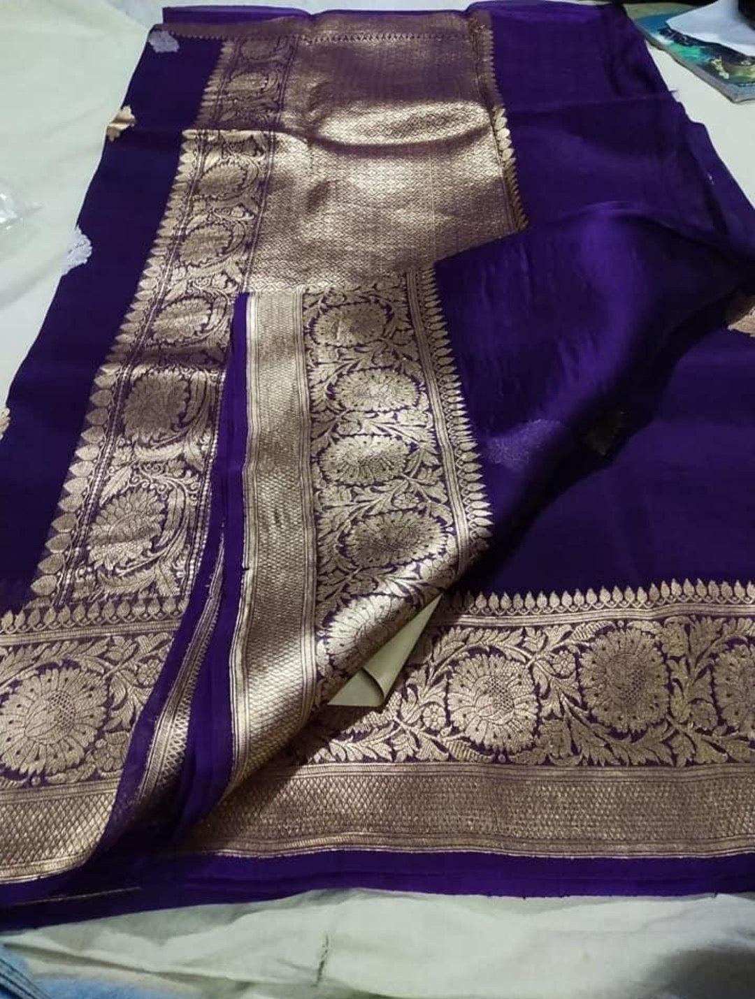 Grape Banarasi Pure Kora Organza Kadwa Saree