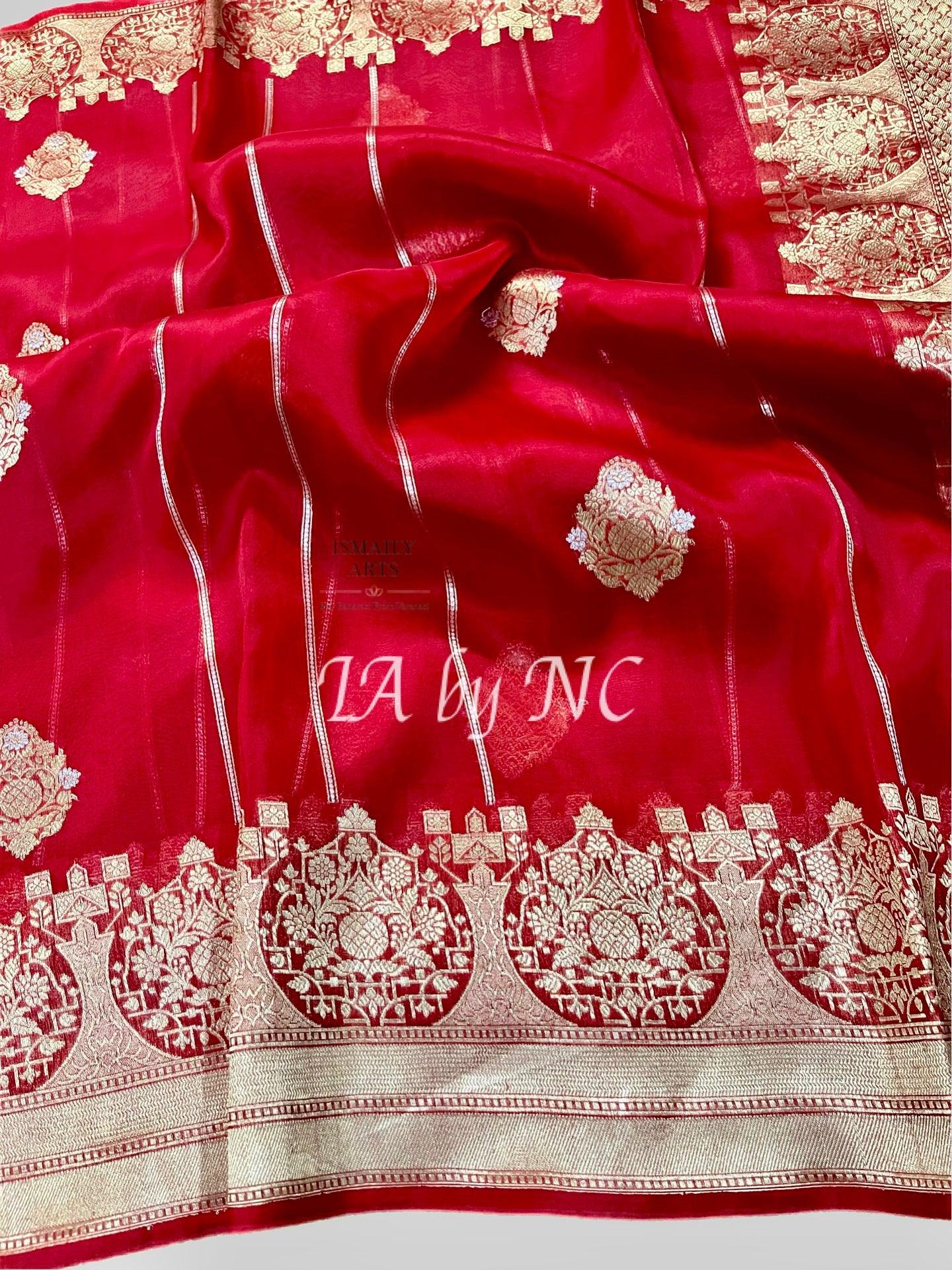 Crimson Banarasi Pure Kora Organza Kadwa Saree