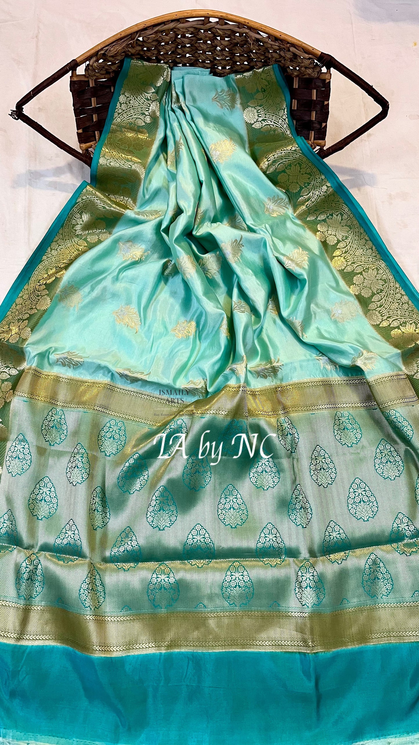 Turquoise Banarasi Pure Katan Silk Raw Mango Saree