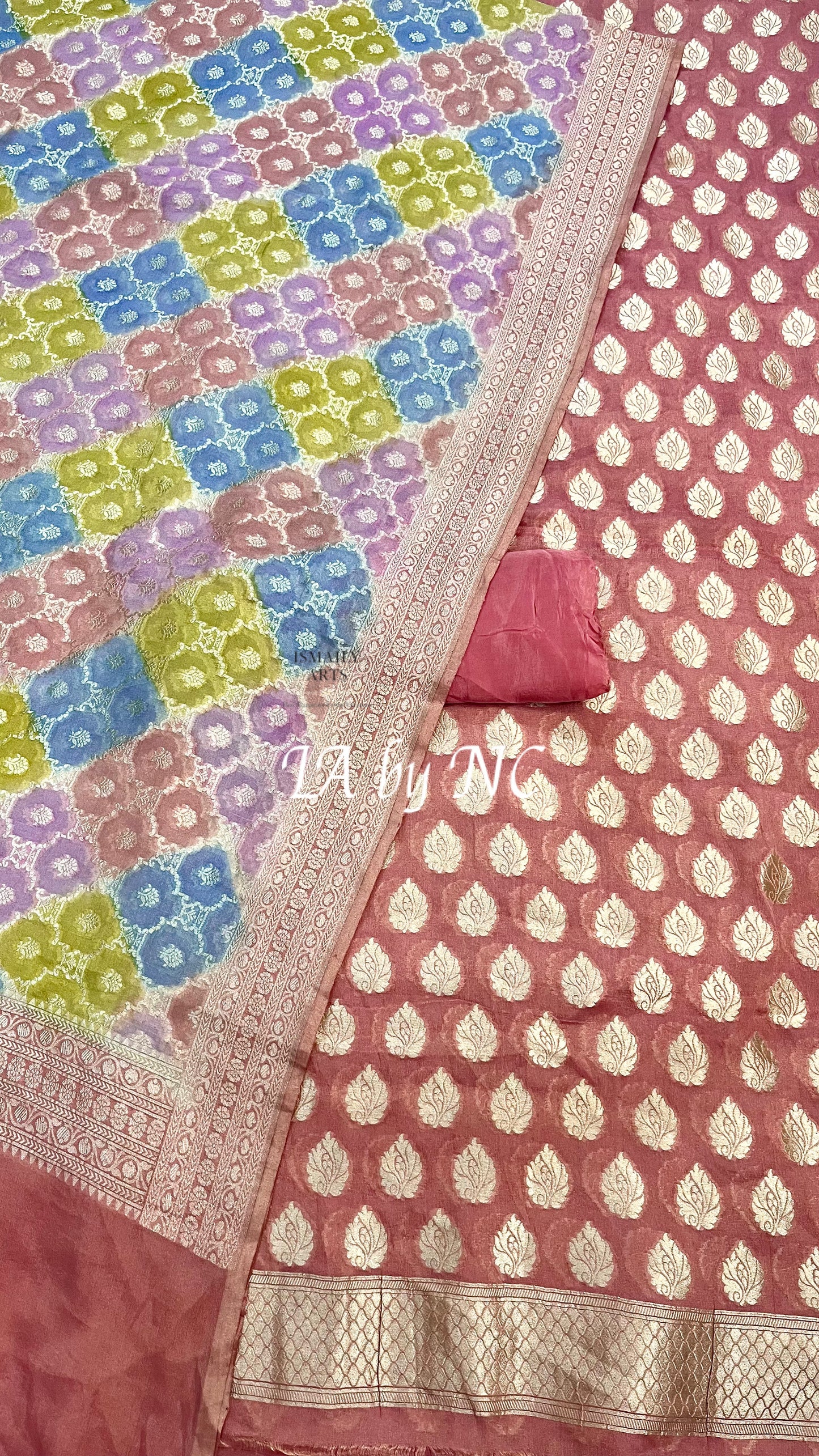 Salmon Banarasi Pure Khaddi Tissue Georgette Dress Materials