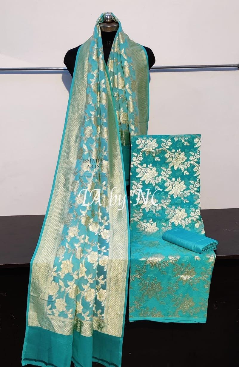 Turquoise Banarasi Pure Khaddi Georgette Dress Materials