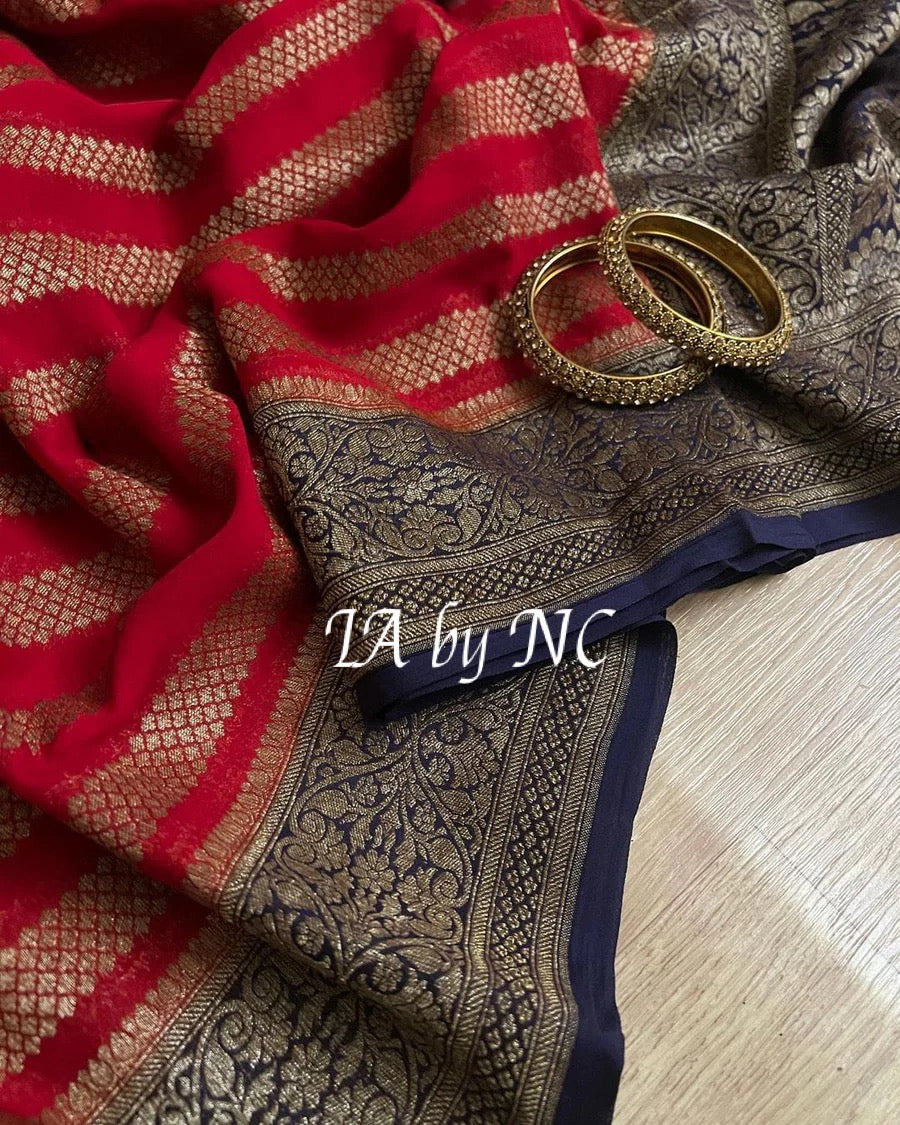 Carmine Banarasi Pure Khaddi Georgette Saree