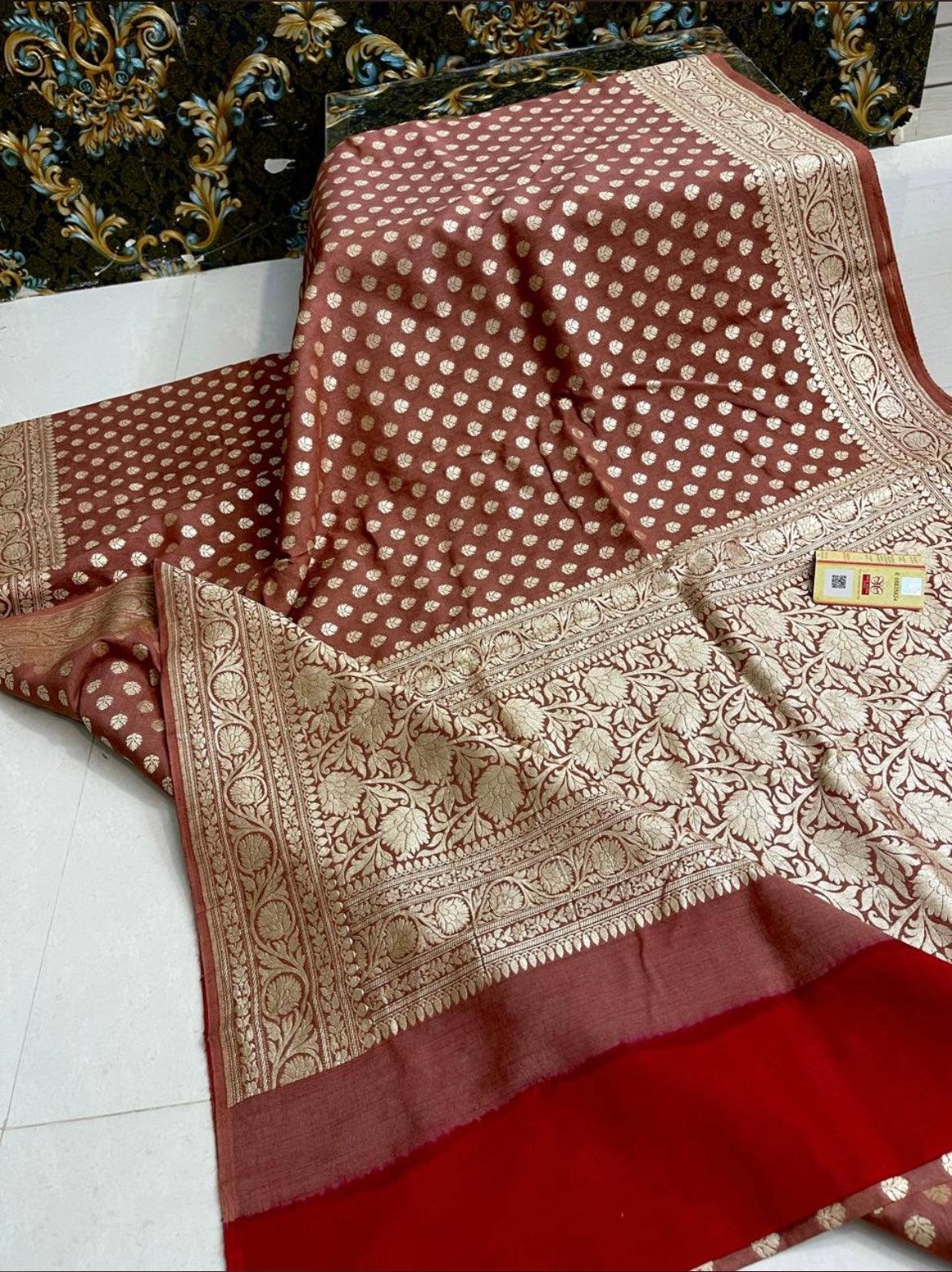 Rust Banarasi Pure Khaddi Georgette Saree