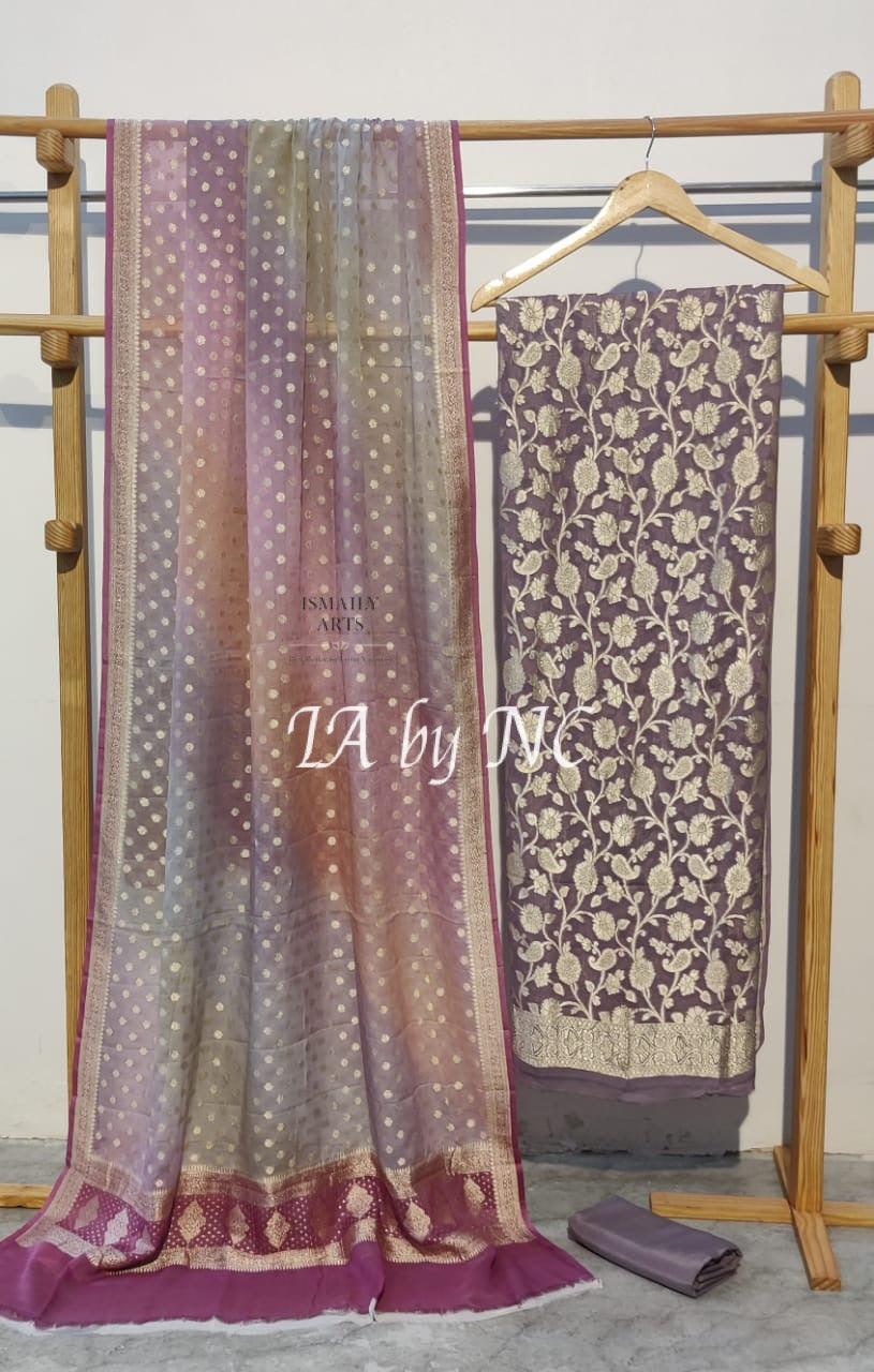 Mauve Banarasi Pure Khaddi Georgette Dress Materials