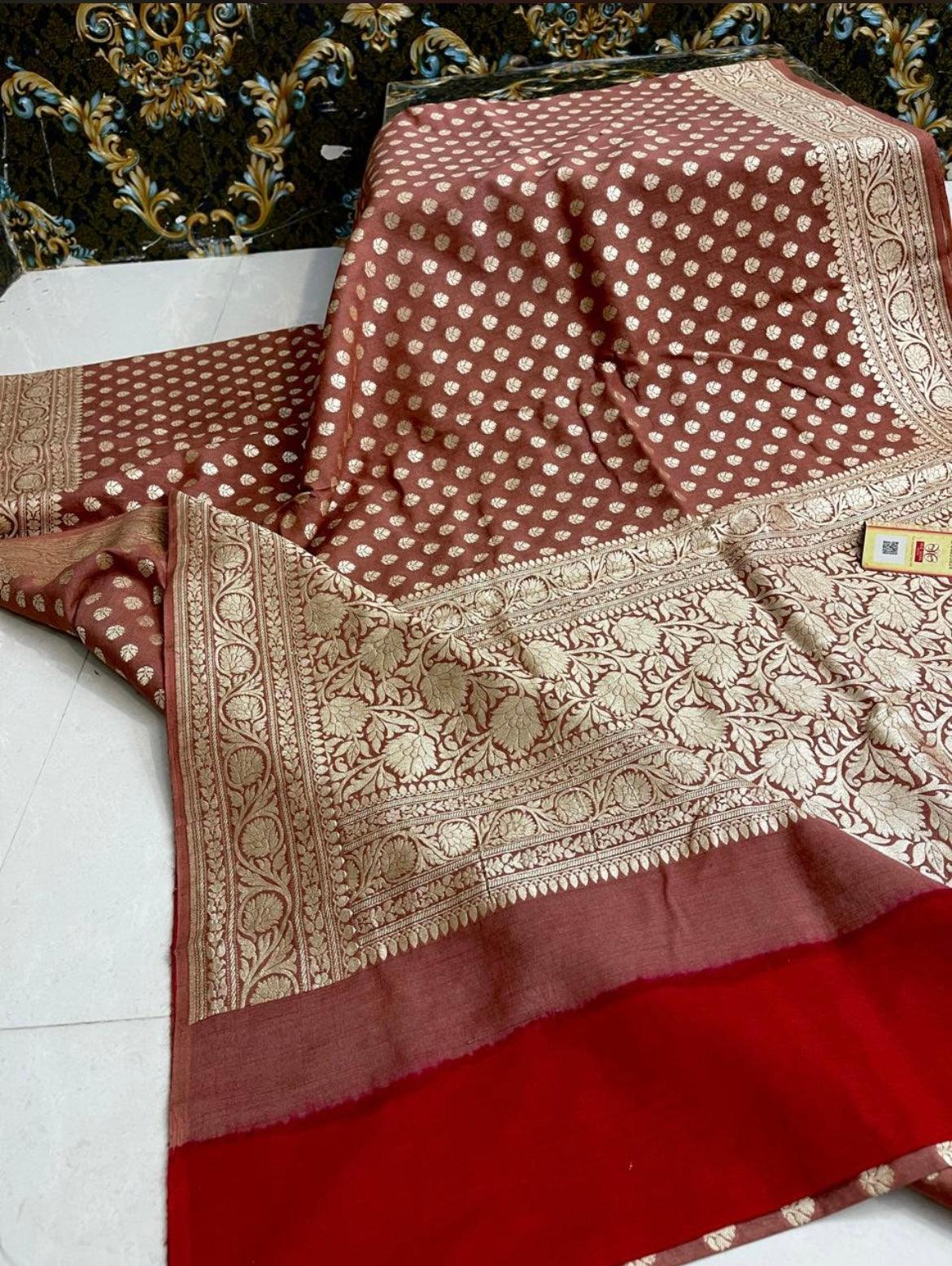 Rust Banarasi Pure Khaddi Georgette Saree
