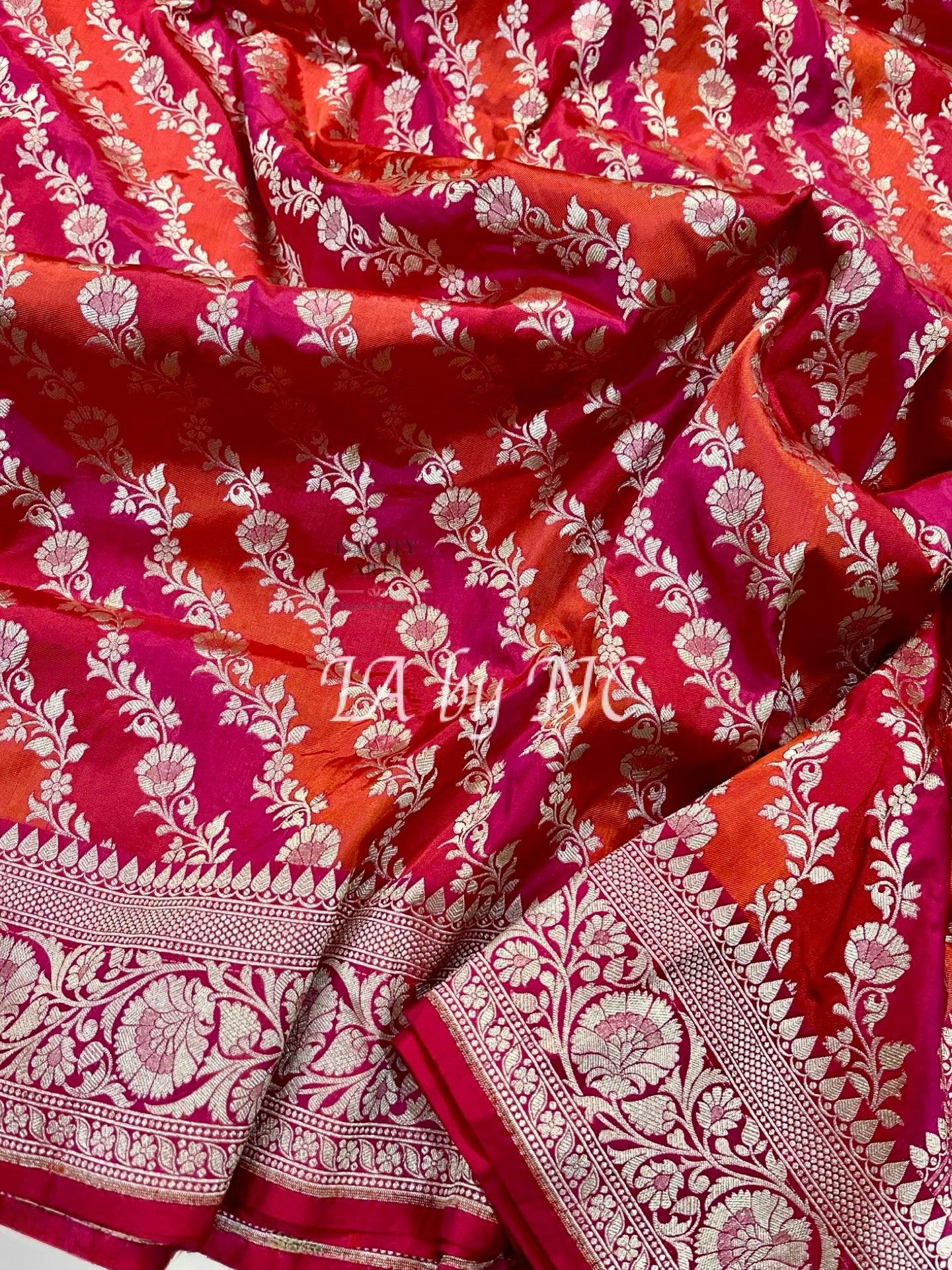 Crimson Banarasi Pure Katan Silk Rangkaat Jangla Pattu Saree
