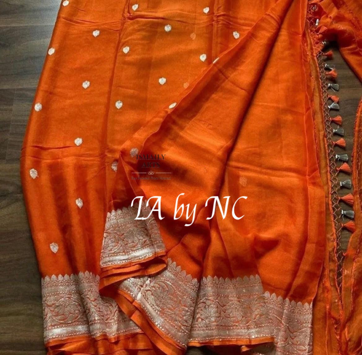Orange Banarasi Pure Khaddi Georgette Kadwa Saree
