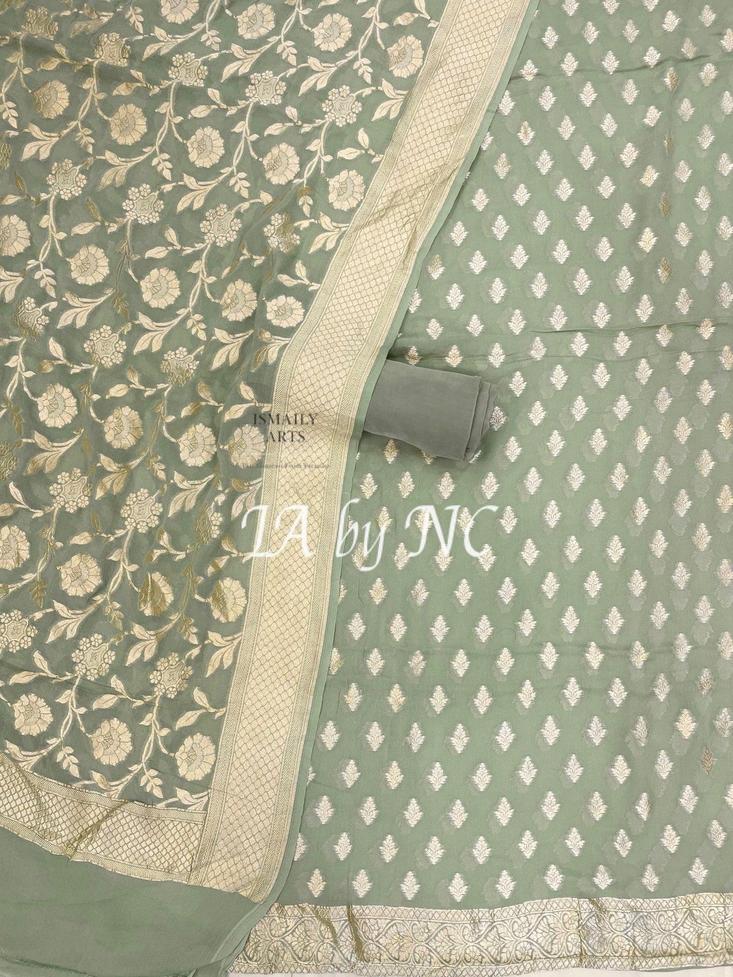 Sage Banarasi Pure Khaddi Georgette Dress Materials