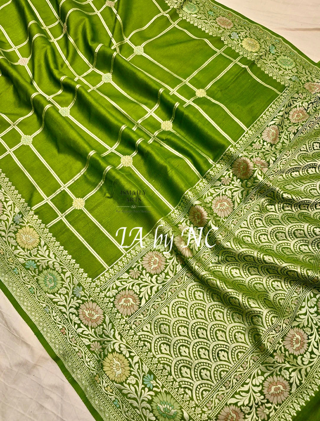 Avocado Banarasi Pure Khaddi Tussar Georgette Paithani Saree