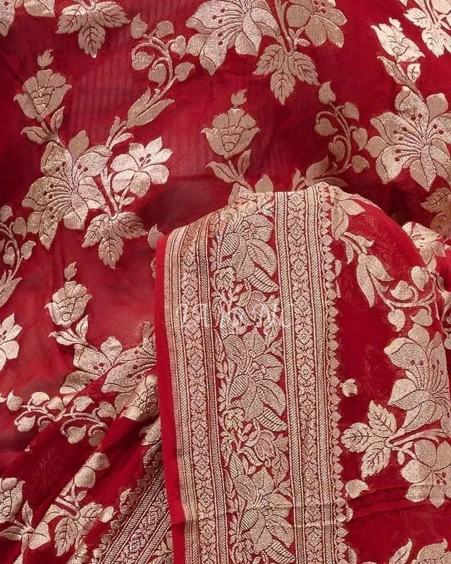 Crimson Banarasi Pure Khaddi Georgette Saree