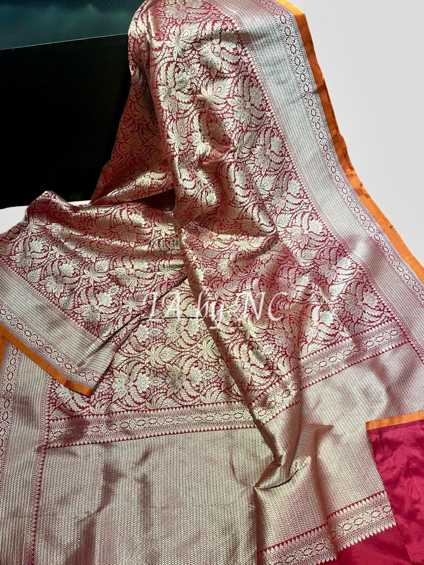 Carmine Banarasi Pure Katan Silk Brocade Pattu Saree