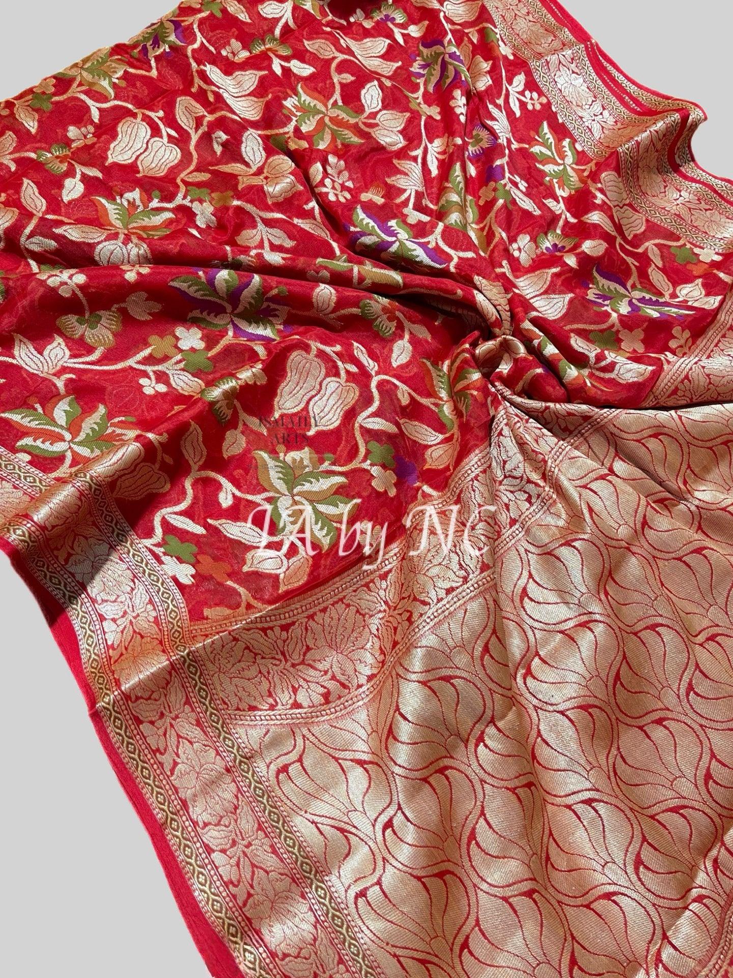 Crimson Banarasi Pure Chiffon Georgette Sare