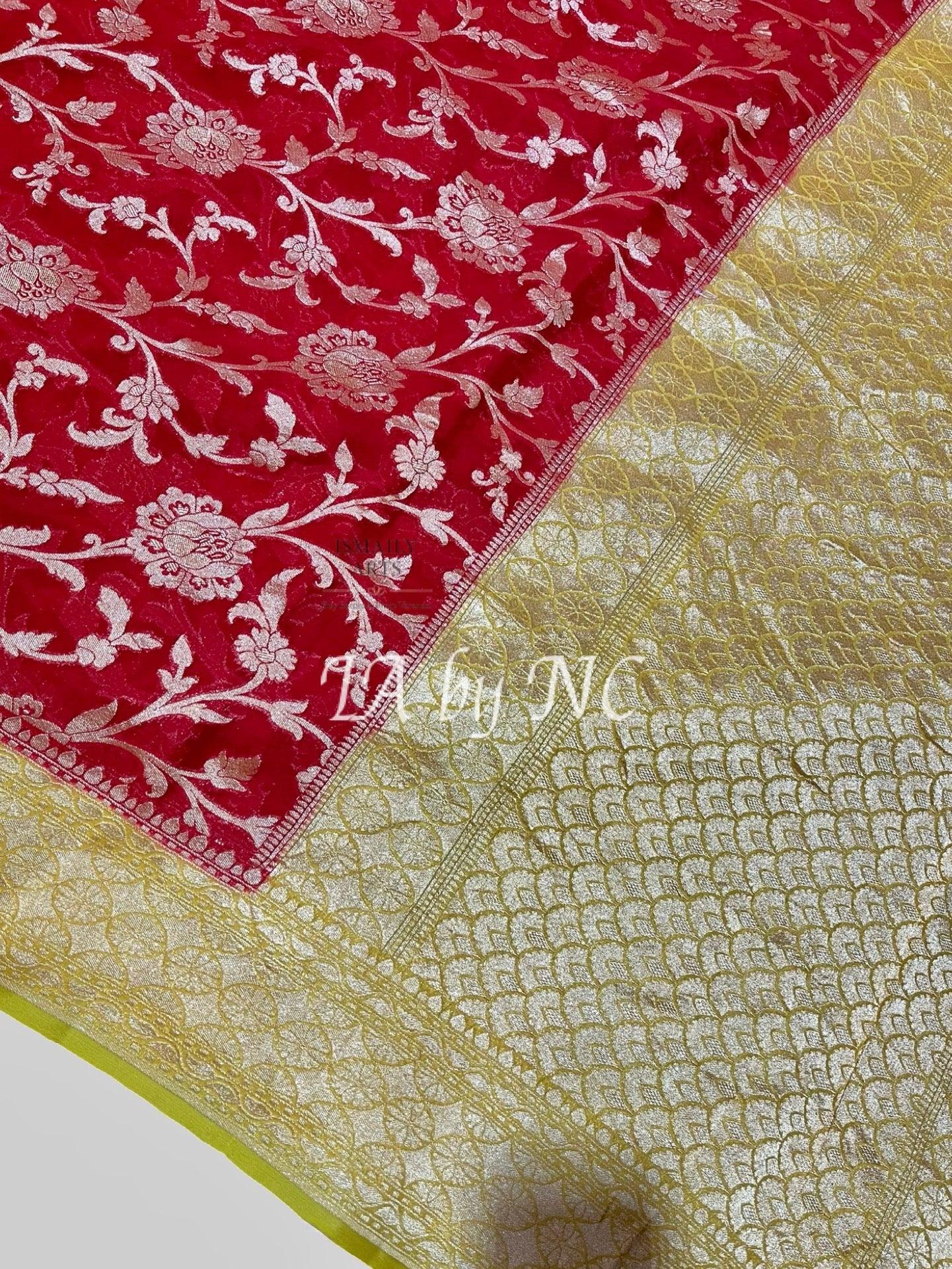 Carmine Banarasi Pure Khaddi Georgette Saree