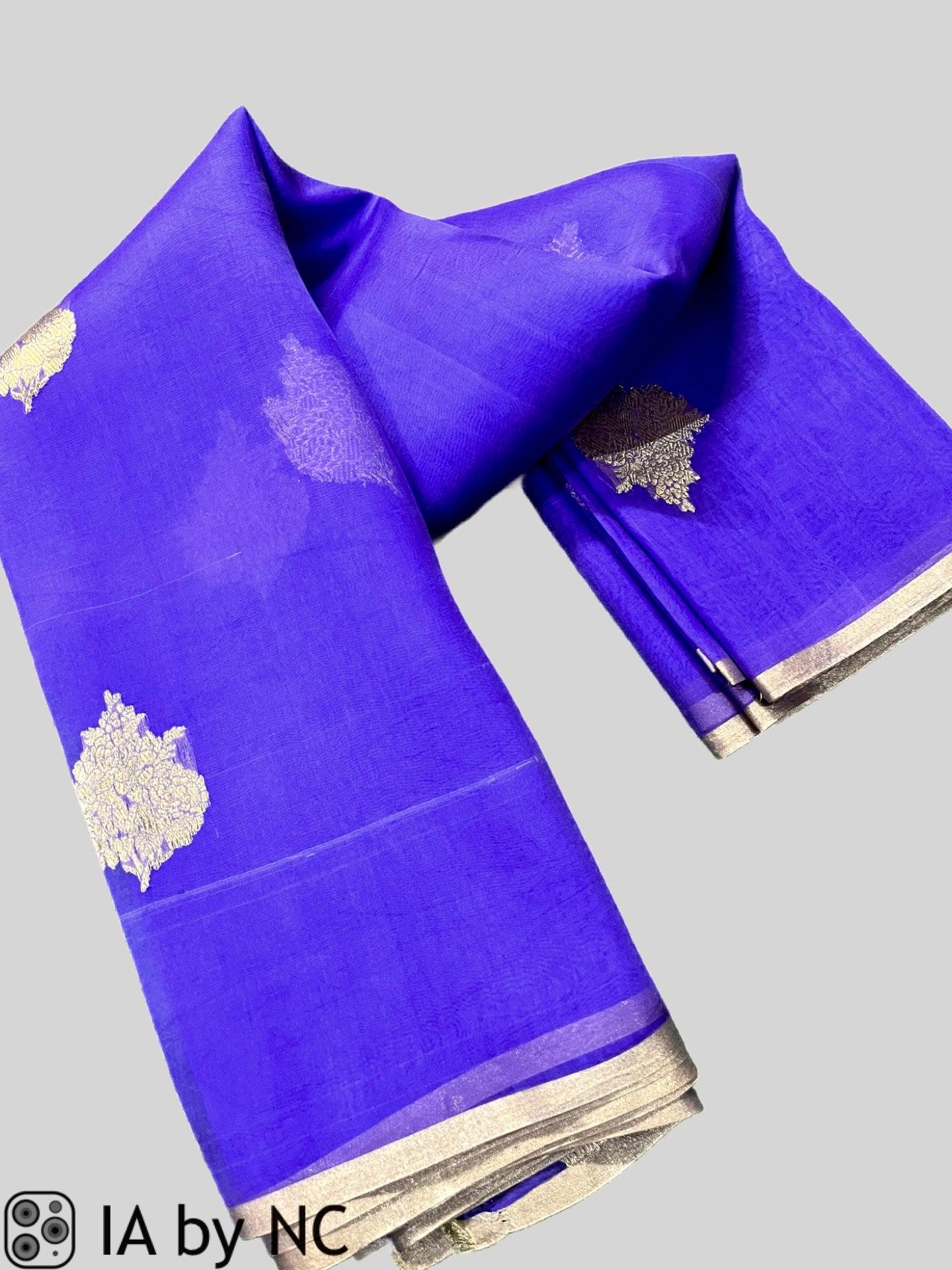 Indigo Banarasi Pure Kora Organza Kadwa Saree