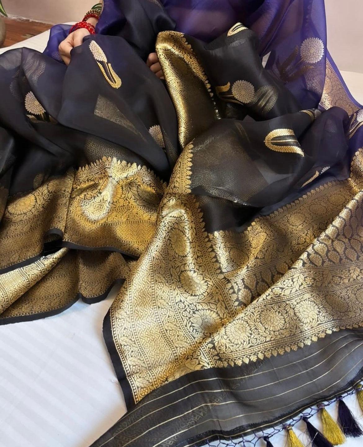 Black Banarasi Pure Kora Organza Kadwa Saree