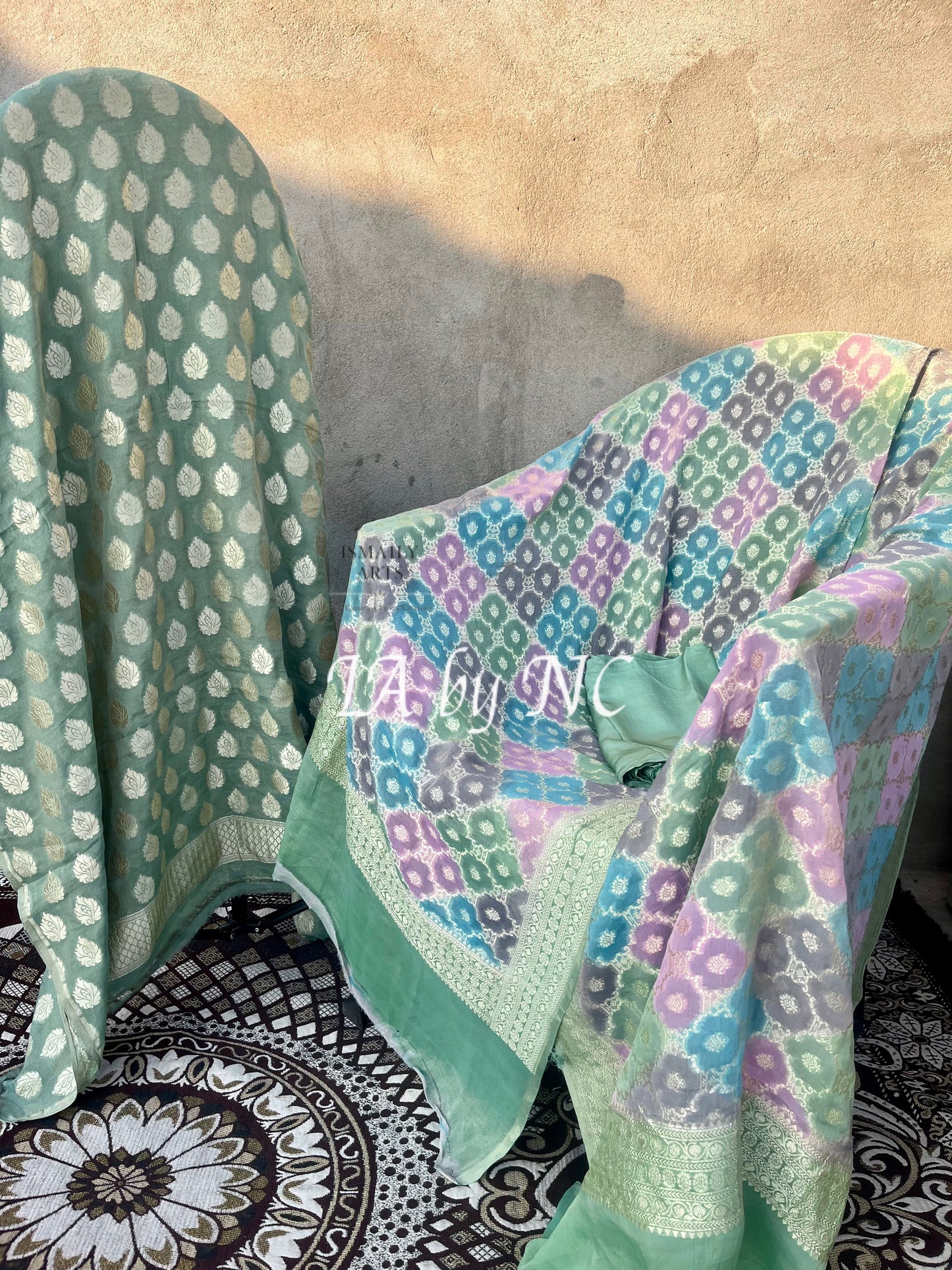 Mint Banarasi Pure Khaddi Tissue Georgette Dress Materials