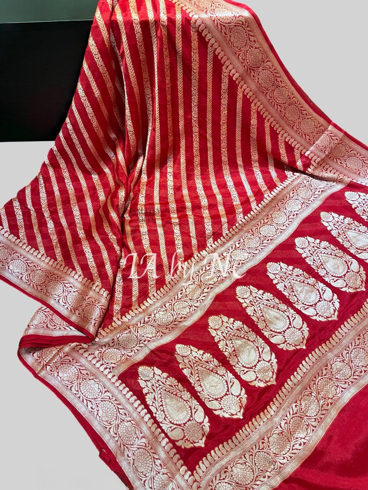 Carmine Banarasi Pure Chiffon Georgette Saree
