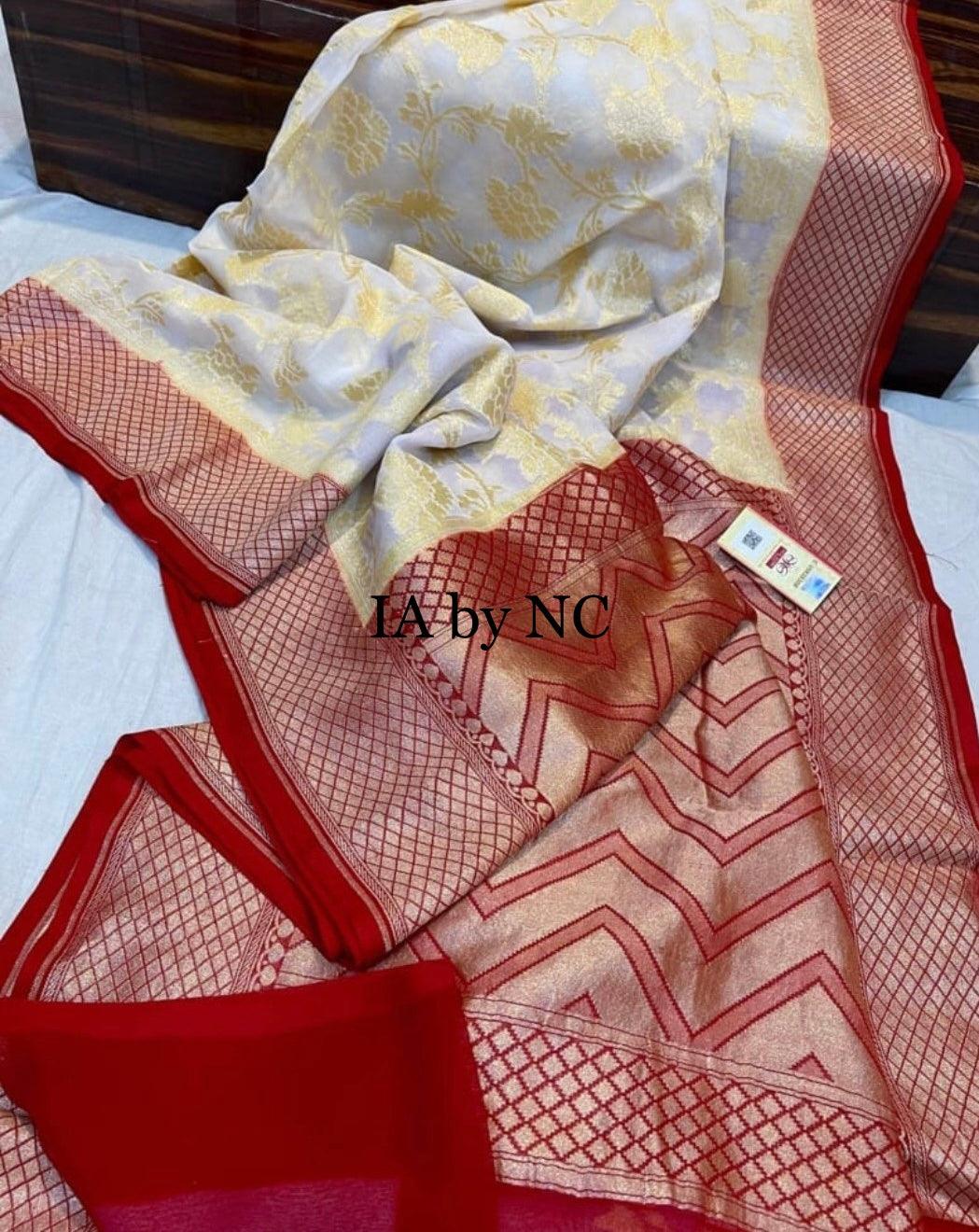 Offwhite Banarasi Pure Khaddi Georgette Saree