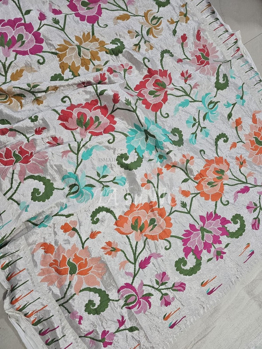 White Banarasi Pure Khaddi Tussar Georgette Brocade Saree