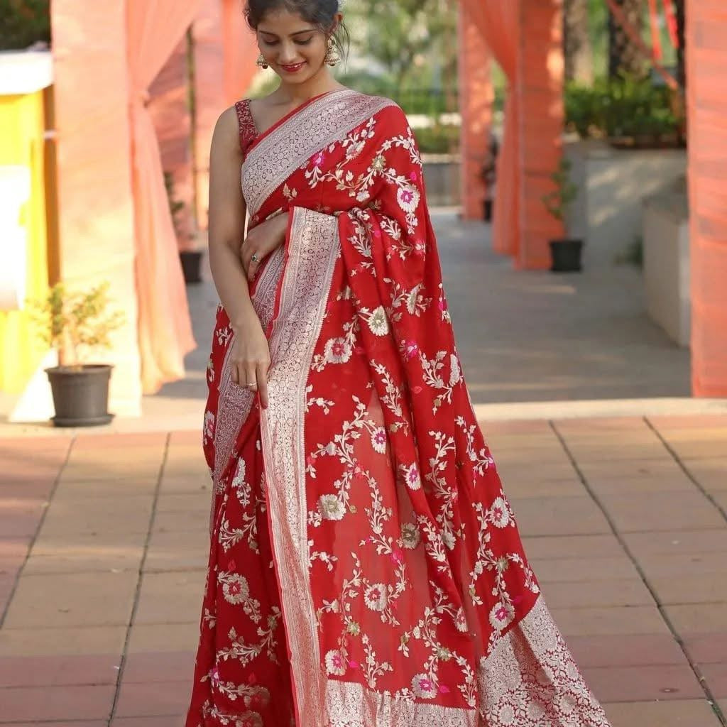 Crimson Banarasi Pure Khaddi Georgette Meenakari Saree