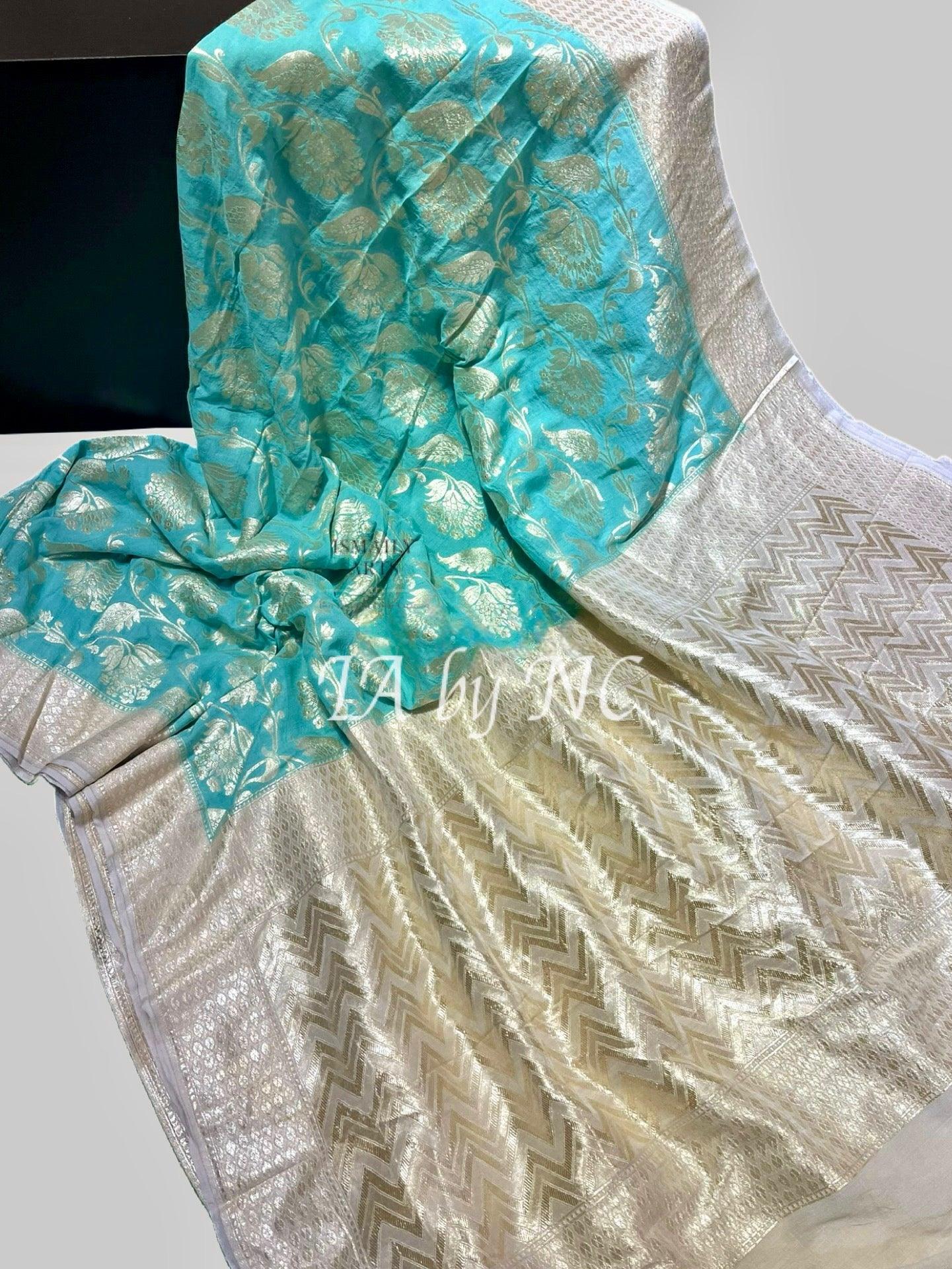 Turquoise Banarasi Pure Khaddi Munga Saree