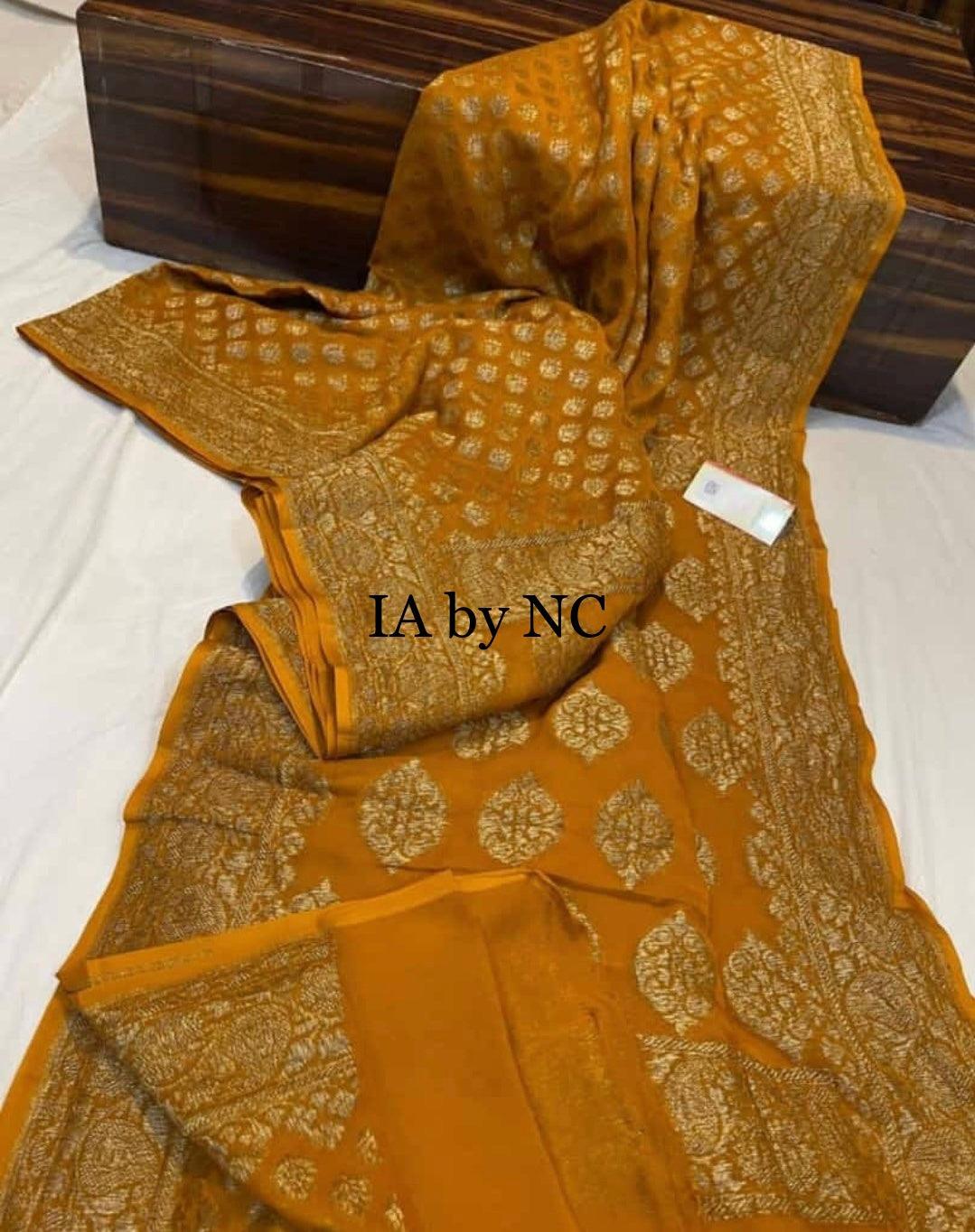 Ochre Banarasi Pure Khaddi Georgette Saree
