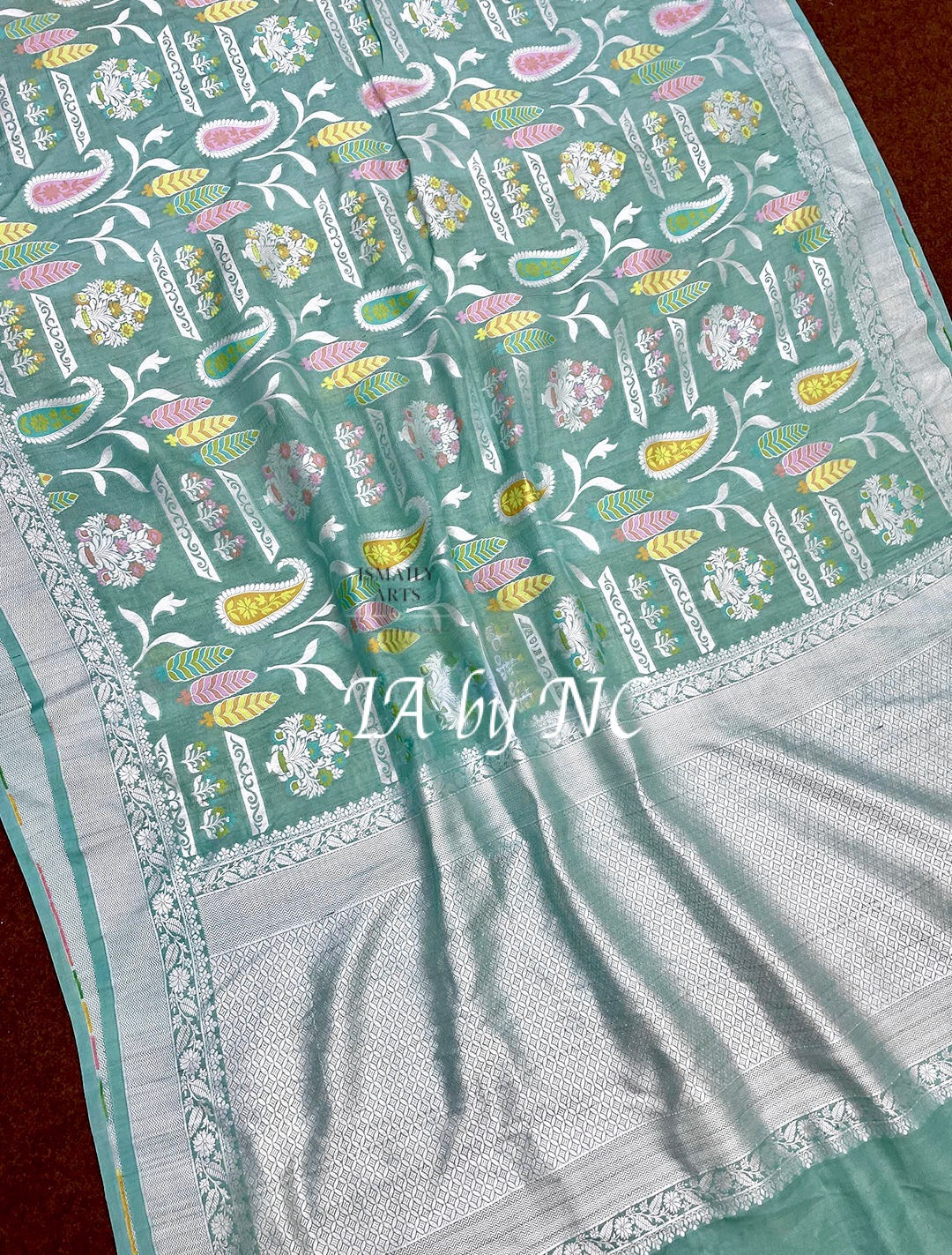Turquoise Banarasi Pure Khaddi Tussar Georgette Meenakari Saree